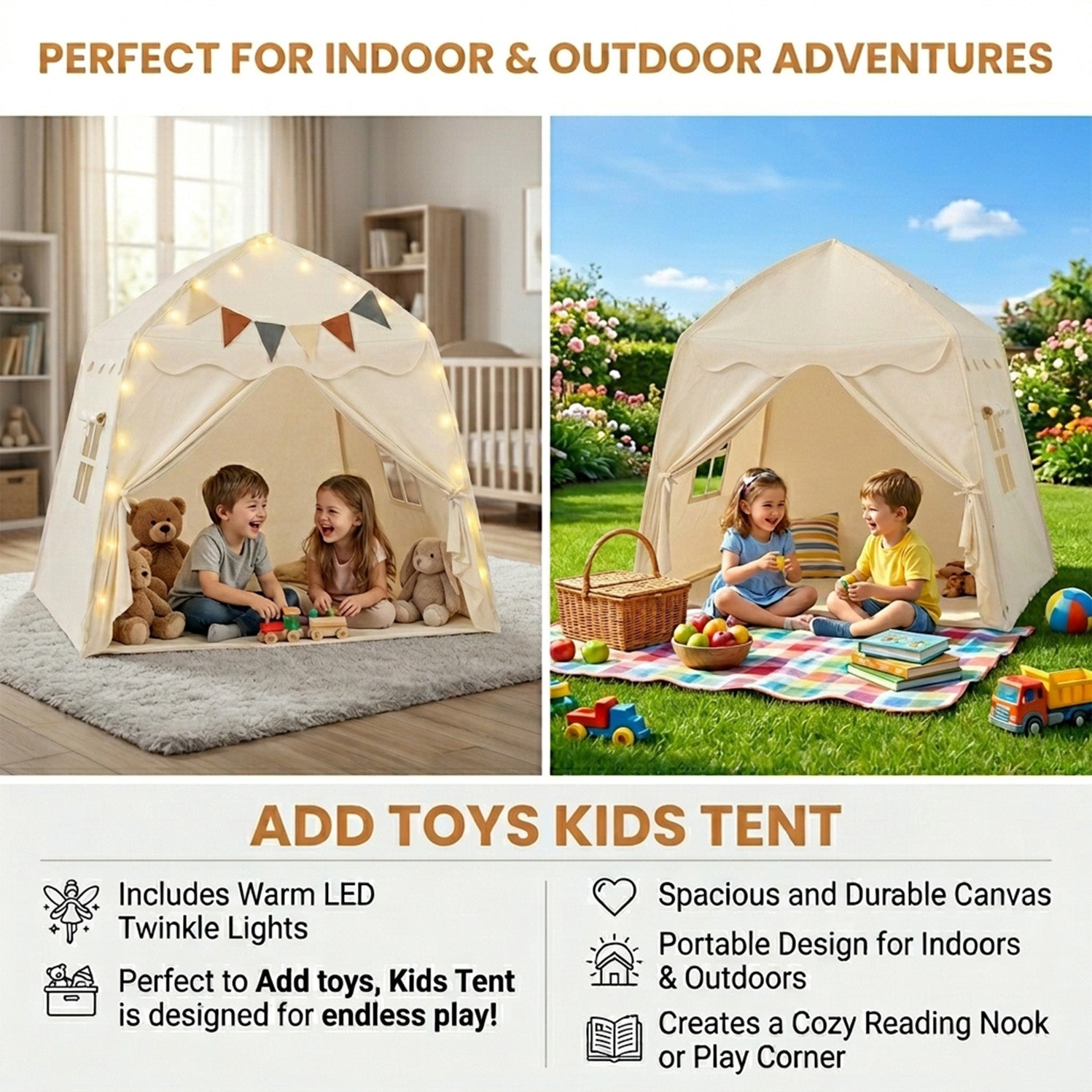 Large Kids Tent with Bright Lights and Flags for Aged 3 Years Old Play Toy