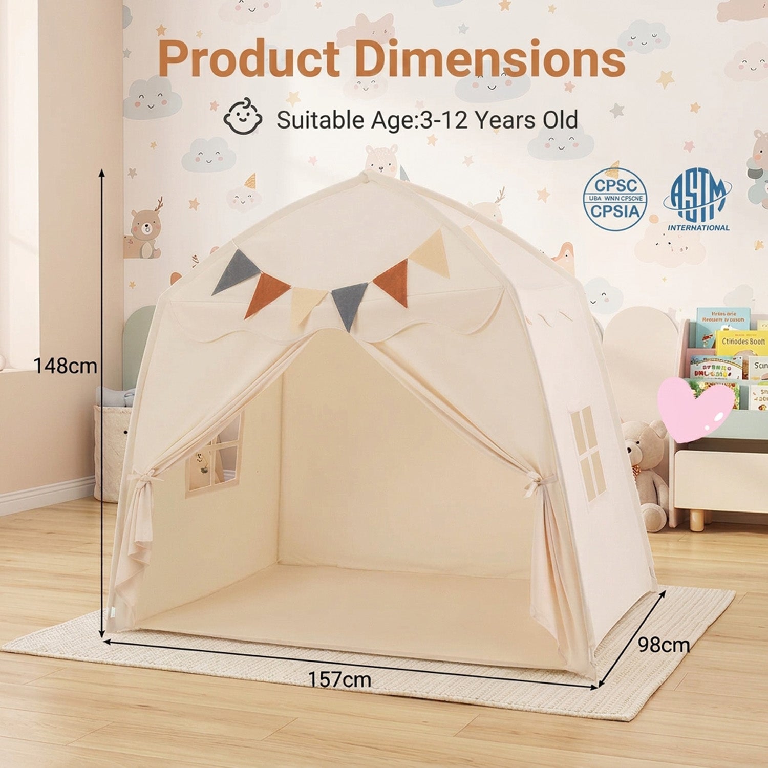 Large Kids Tent with Bright Lights and Flags for Aged 3 Years Old Play Toy