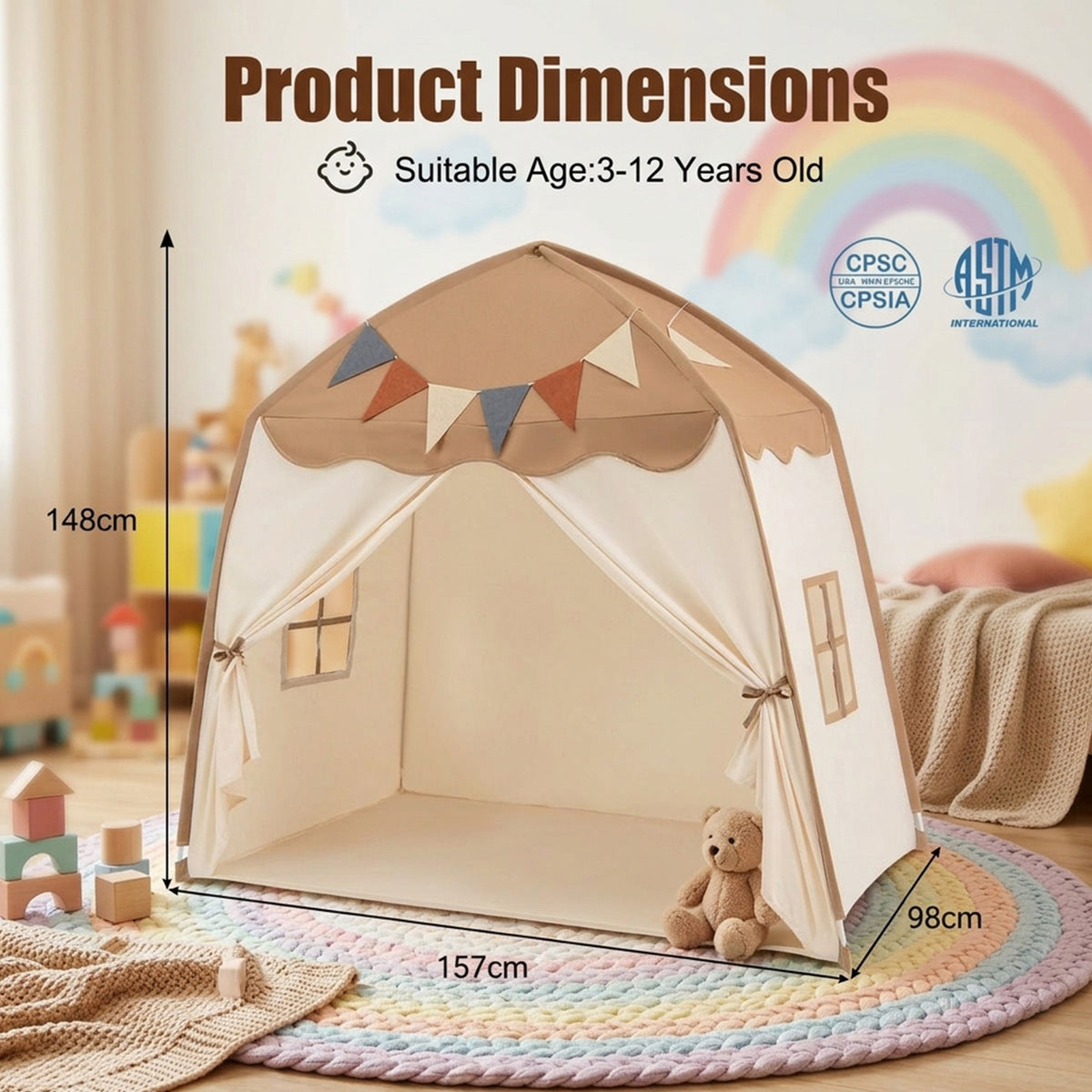 Large Kids Tent with Bright Lights and Flags for Aged 3 Years Old Play Toy
