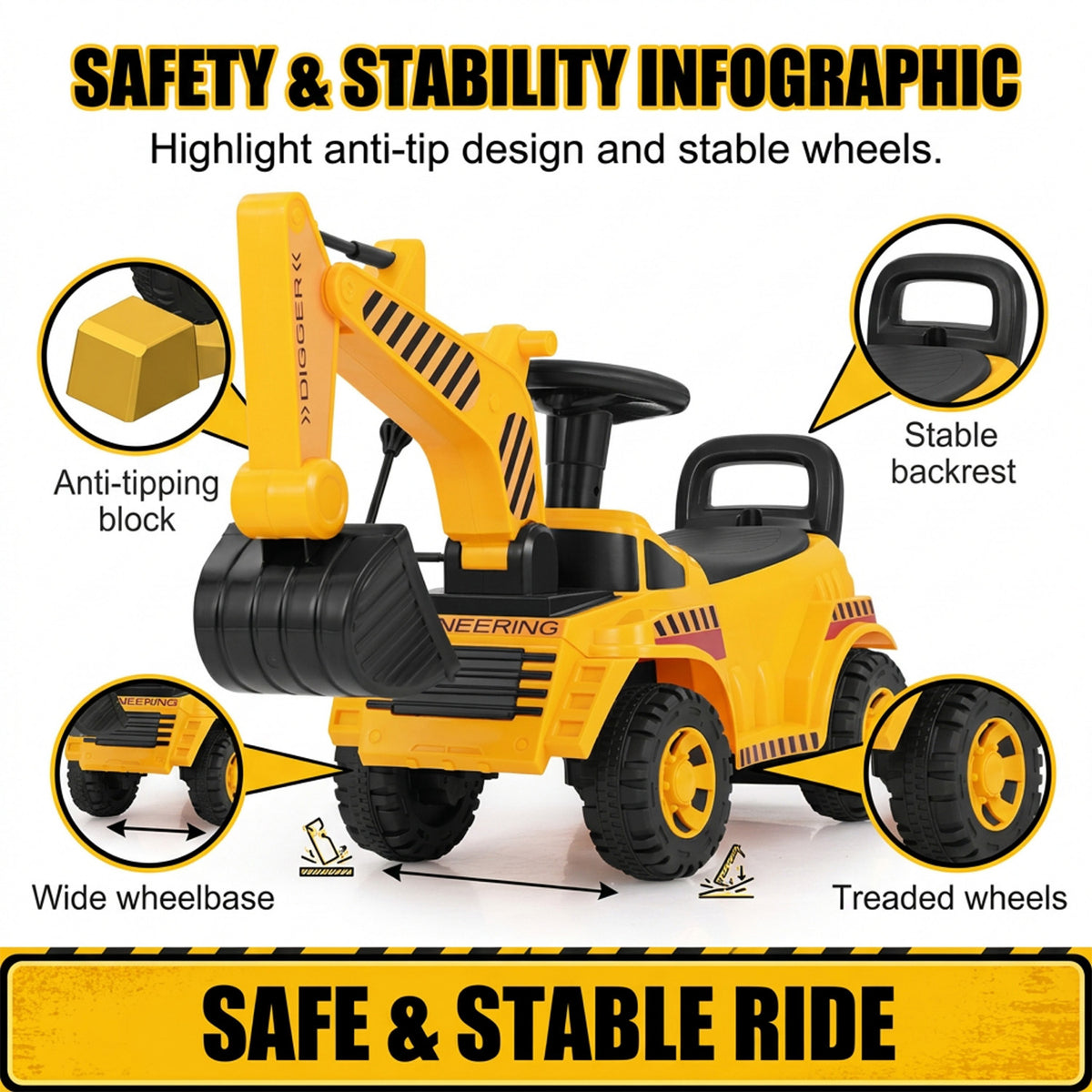 Kids Ride On Excavator Bulldozer Digger Toy with Adjustable Shovel