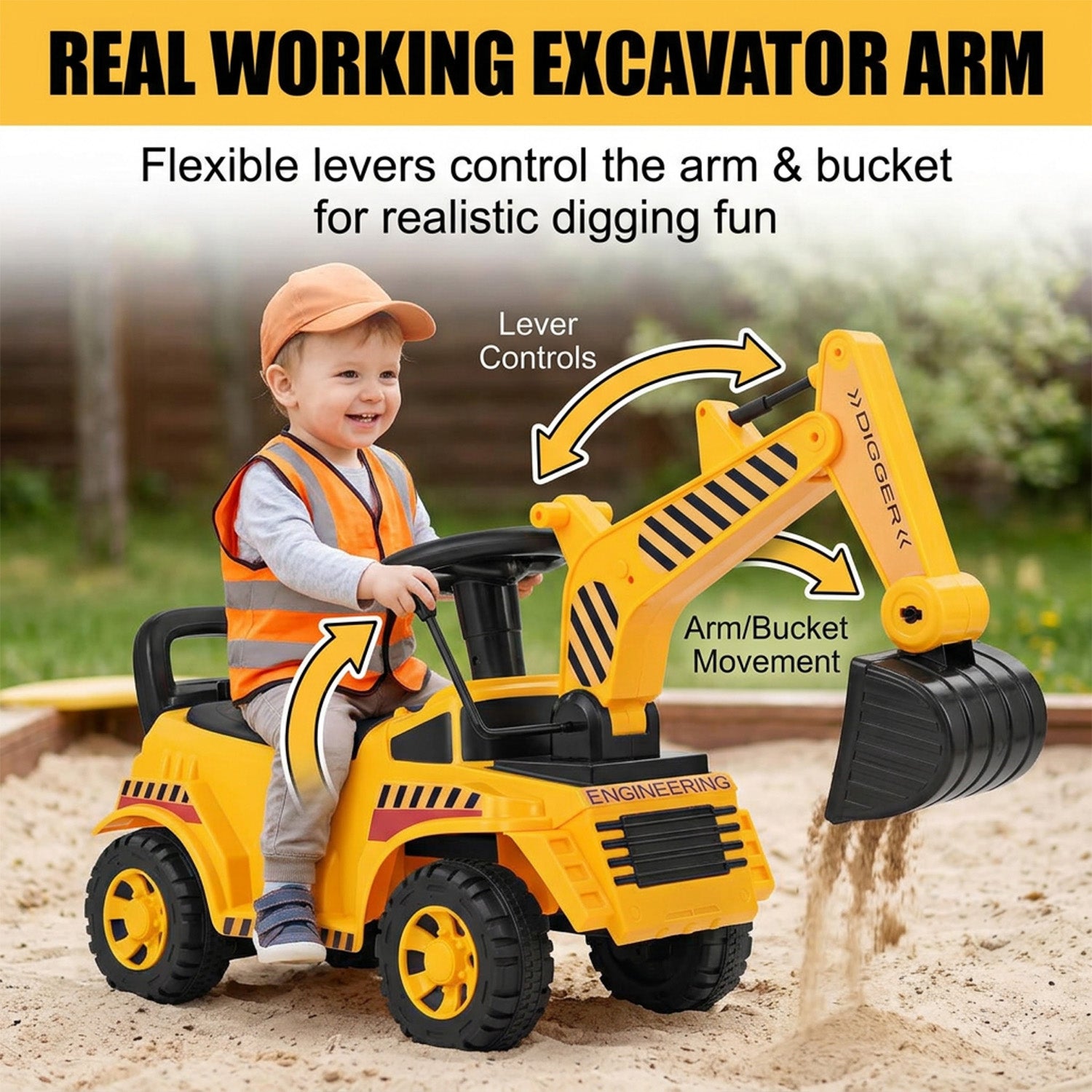 Kids Ride On Excavator Bulldozer Digger Toy with Adjustable Shovel