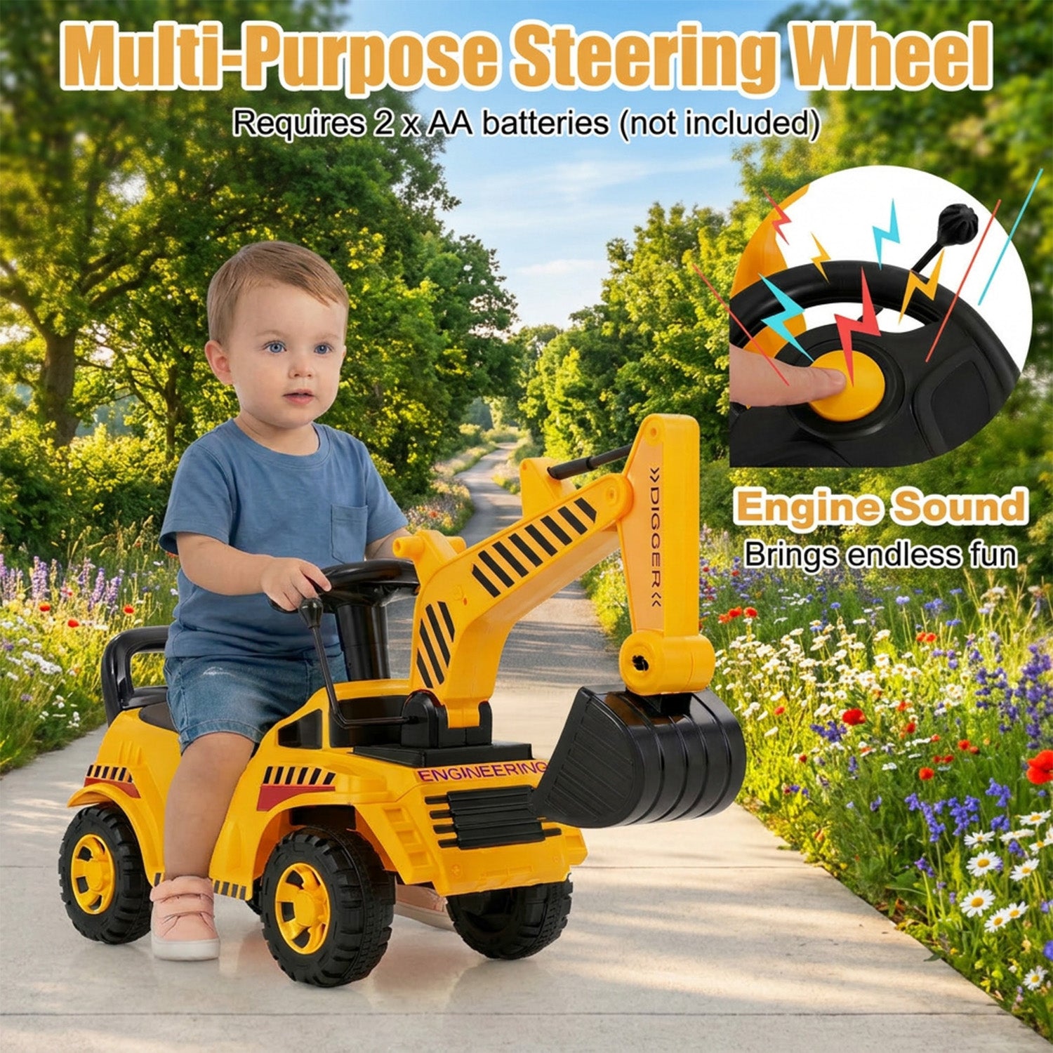 Kids Ride On Excavator Bulldozer Digger Toy with Adjustable Shovel
