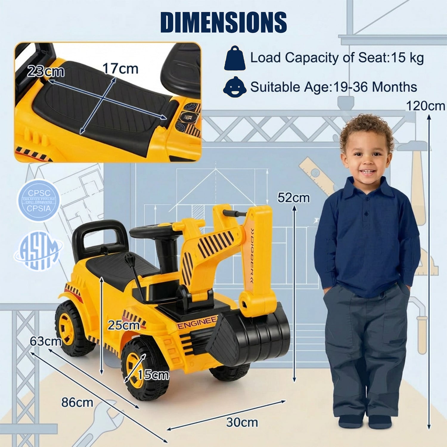 Kids Ride On Excavator Bulldozer Digger Toy with Adjustable Shovel