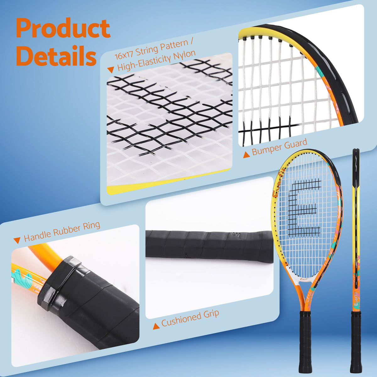 Everfit 23 Inch Tennis Racket Lightweight 200g Junior Adult Players Orange