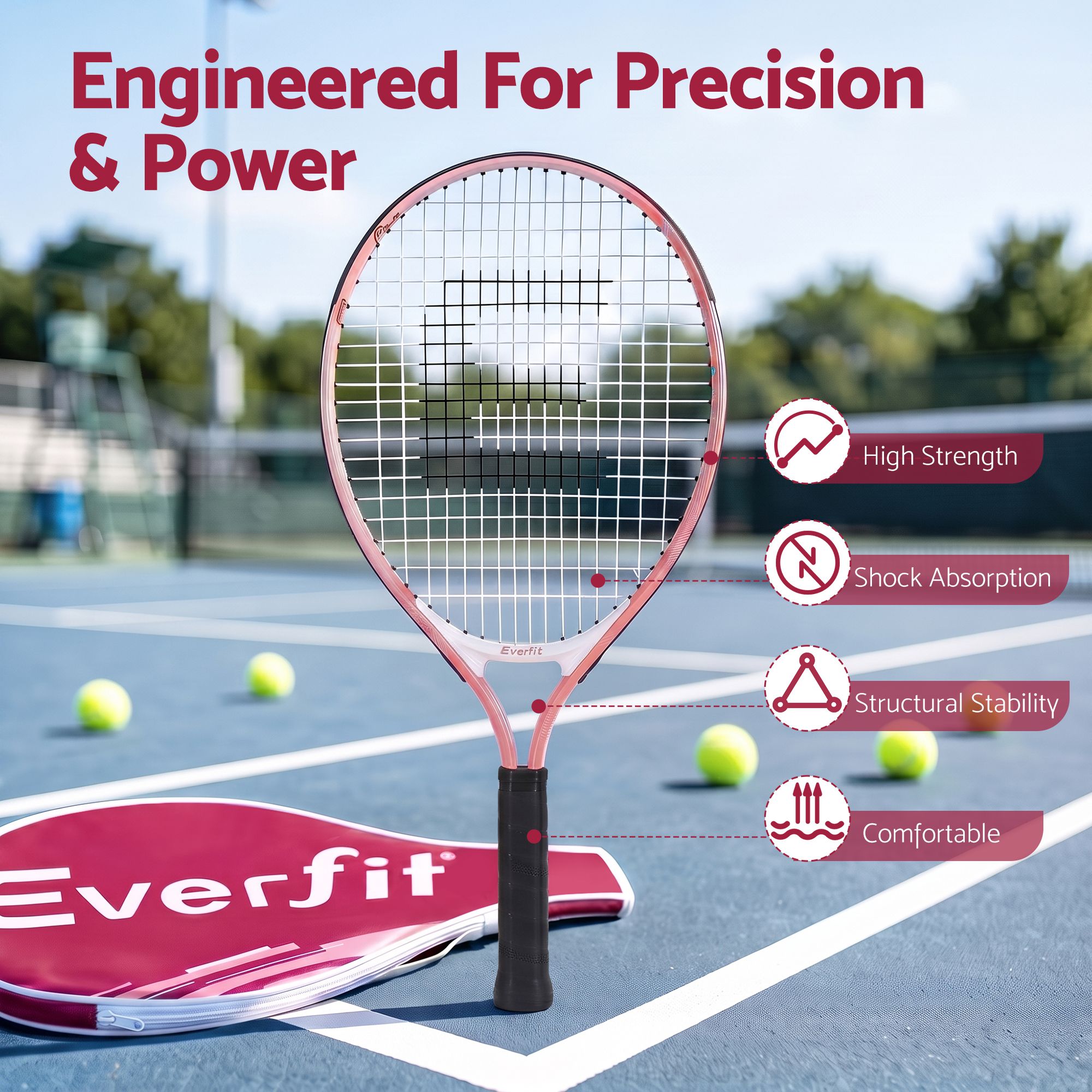 Everfit 23 Inch Tennis Racket Lightweight 200g for Adult and Junior Players Pink