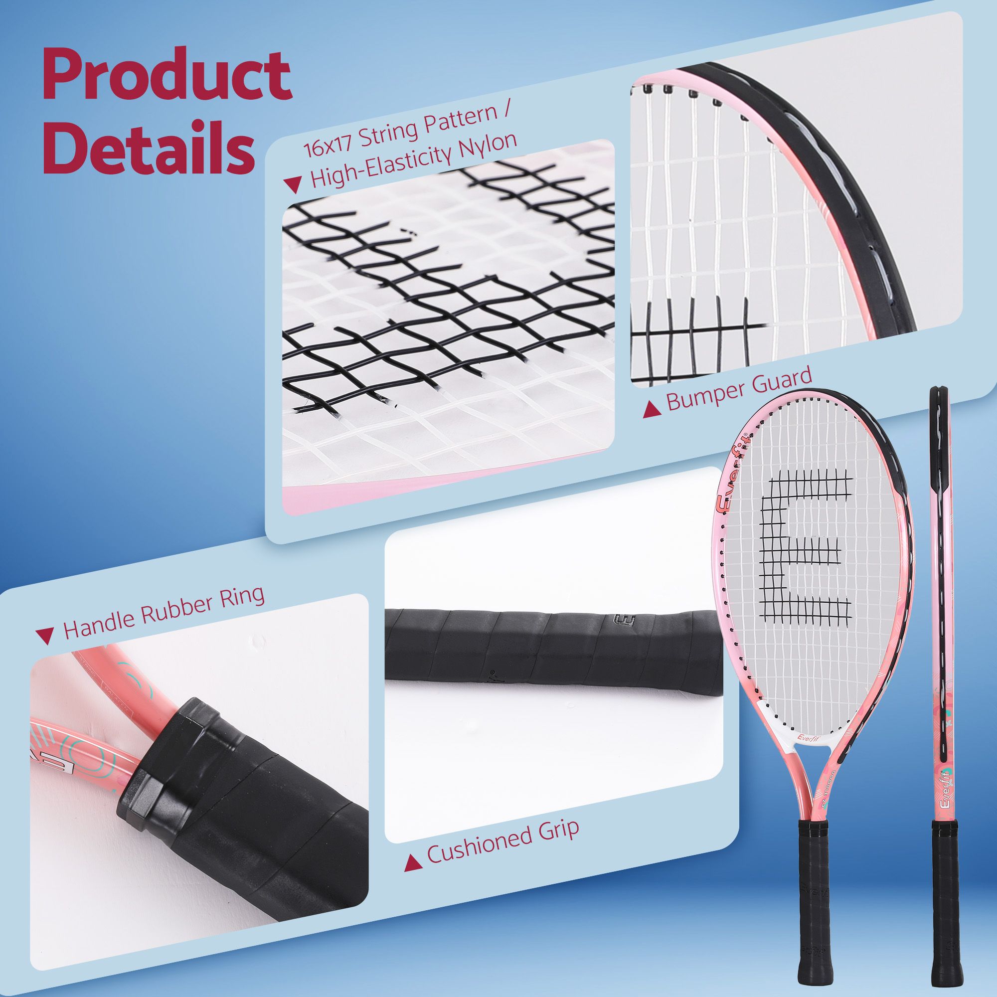 Everfit 23 Inch Tennis Racket Lightweight 200g for Adult and Junior Players Pink