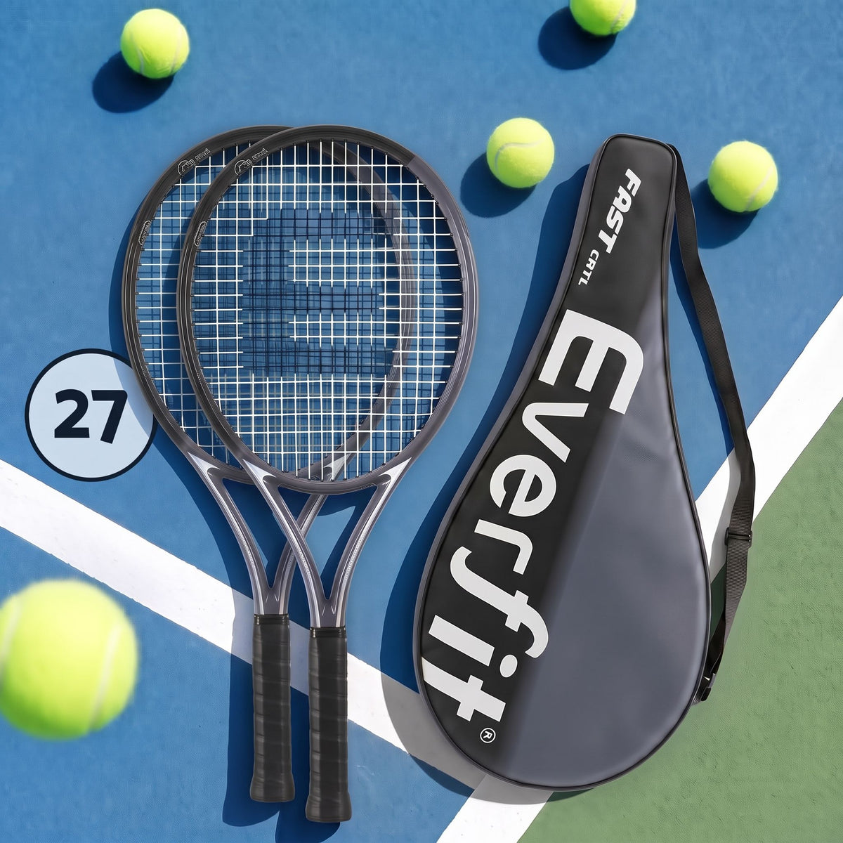 Everfit Tennis Racket Set Lightweight Cushioned Grip 27 Inch 2 Pack Black