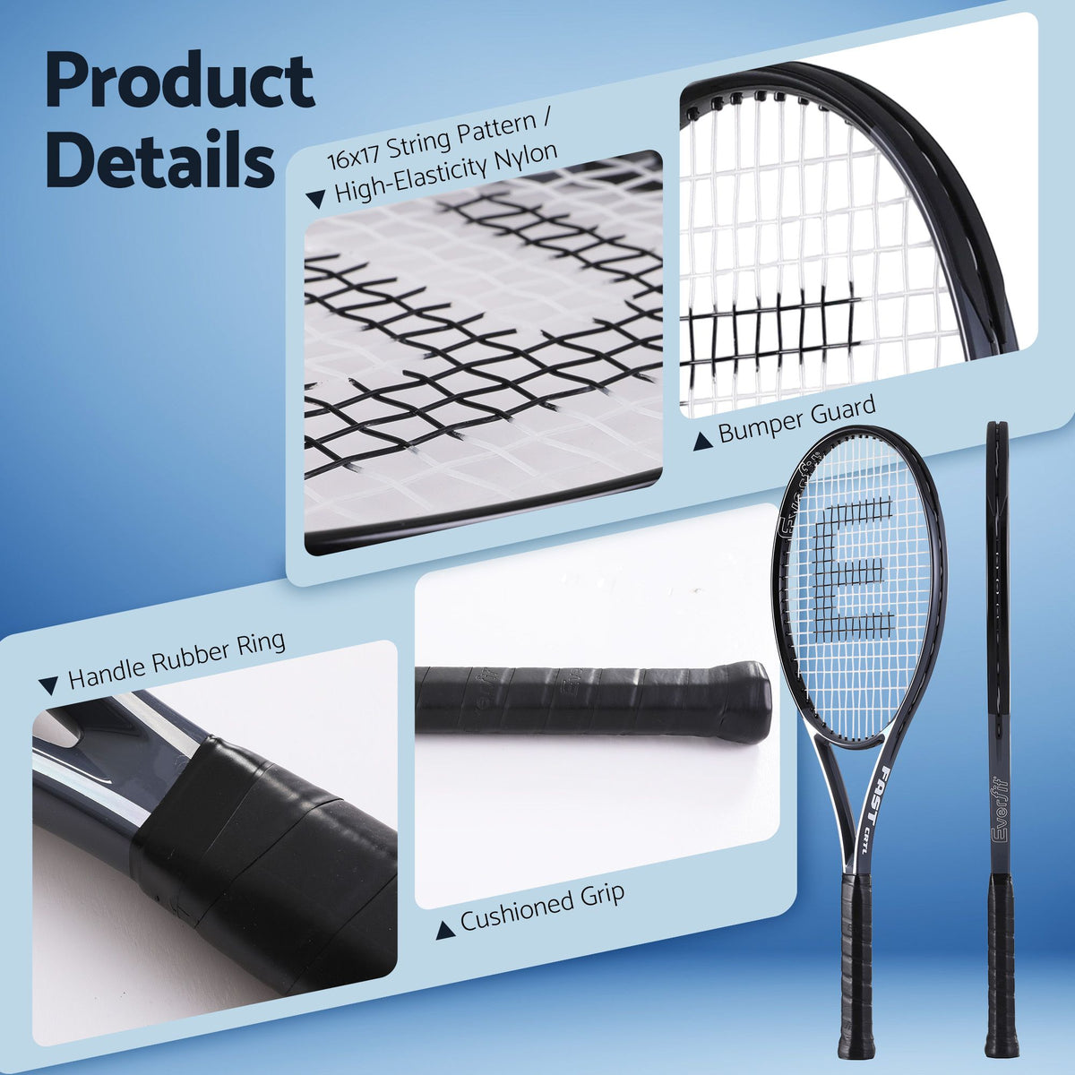Everfit Tennis Racket Set Lightweight Cushioned Grip 27 Inch 2 Pack Black