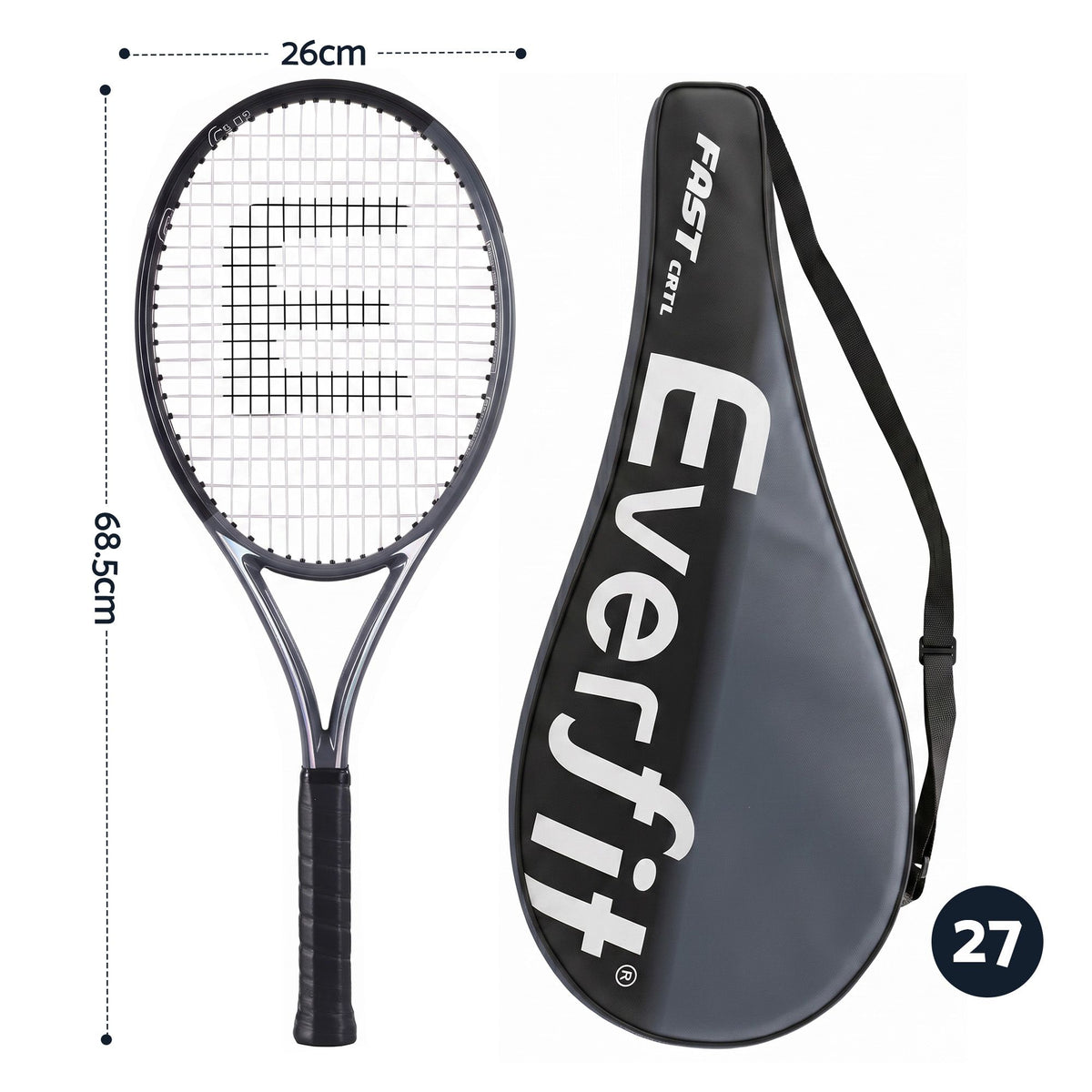 Everfit Tennis Racket Set Lightweight Cushioned Grip 27 Inch 2 Pack Black