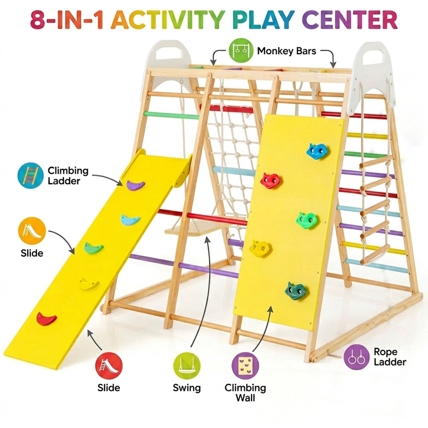 8 in 1 Wooden Jungle Gym Playset with Monkey Bars Climbing Ladder Multicolour