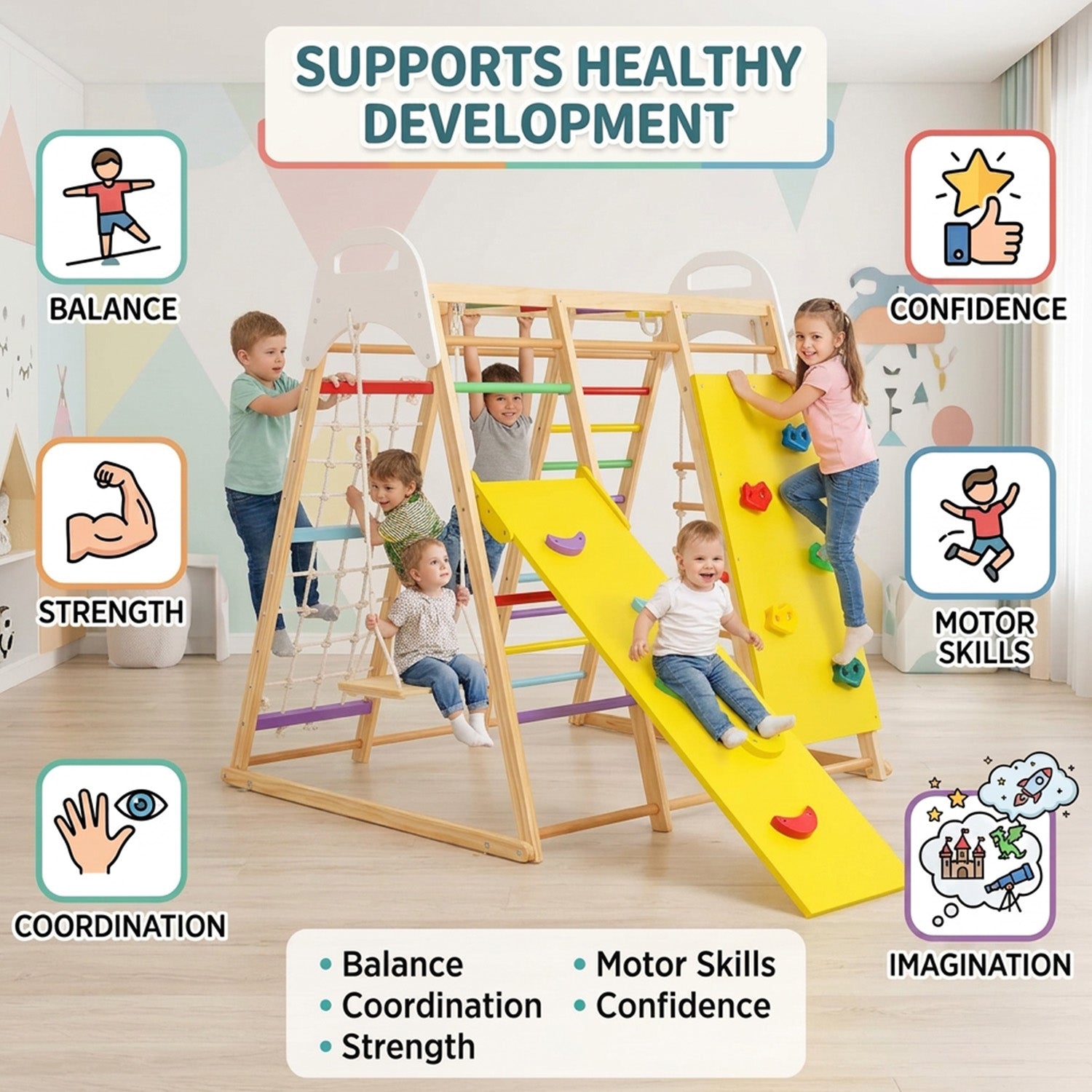 8 in 1 Wooden Jungle Gym Playset with Monkey Bars Climbing Ladder Multicolour