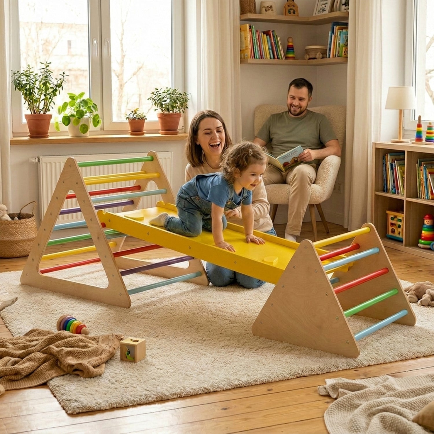 3 in 1 Climbing Toy Set with 2 Triangle Ladders and Ramp Toddler Play Gym