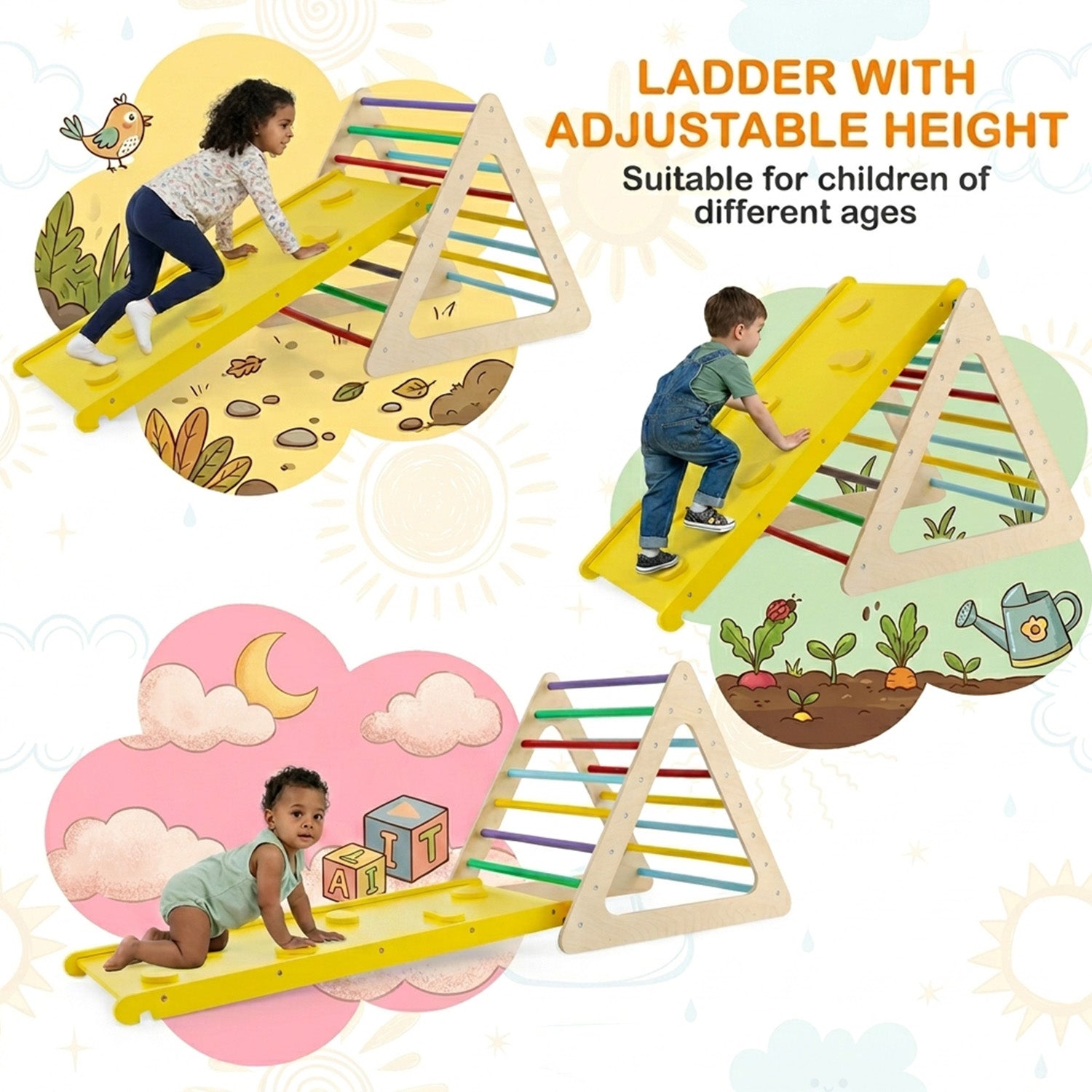 3 in 1 Climbing Toy Set with 2 Triangle Ladders and Ramp Toddler Play Gym