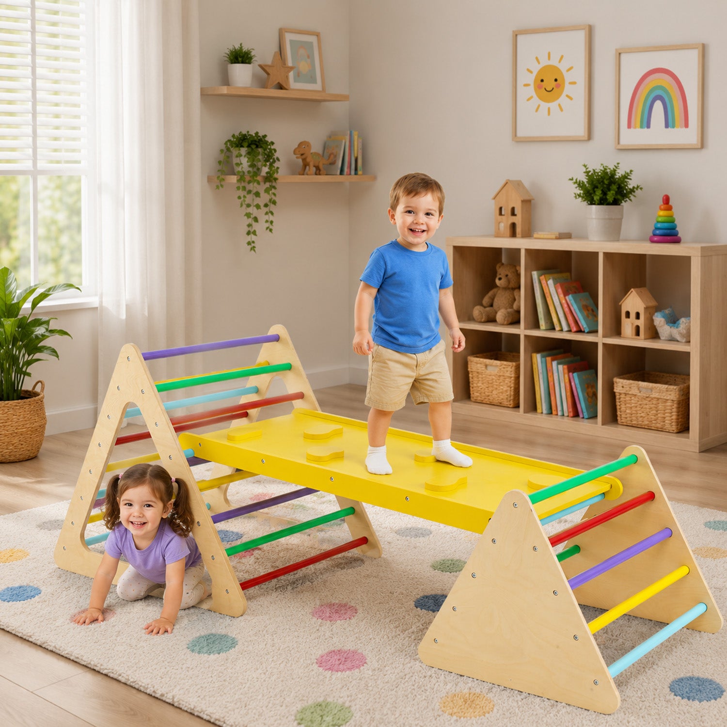 3 in 1 Climbing Toy Set with 2 Triangle Ladders and Ramp Toddler Play Gym