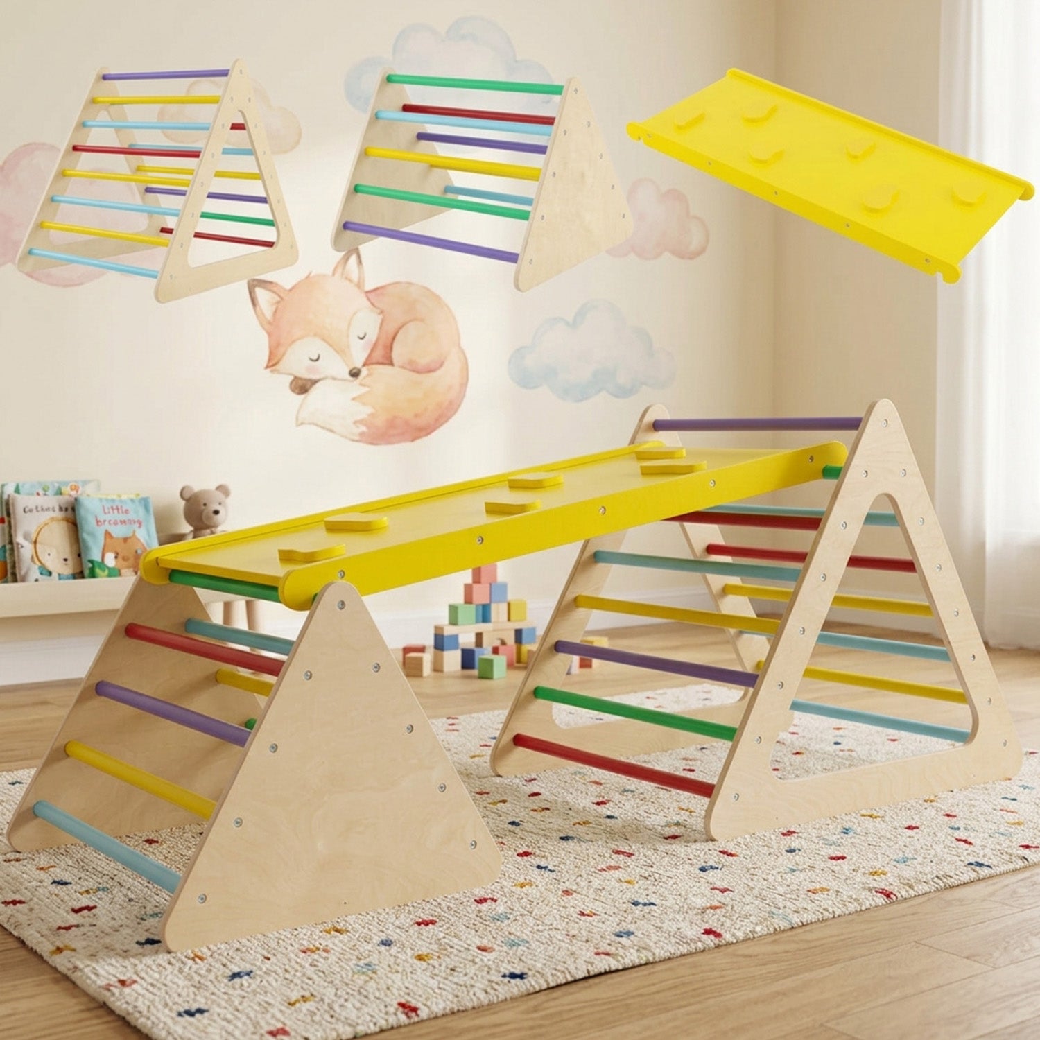 3 in 1 Climbing Toy Set with 2 Triangle Ladders and Ramp Toddler Play Gym