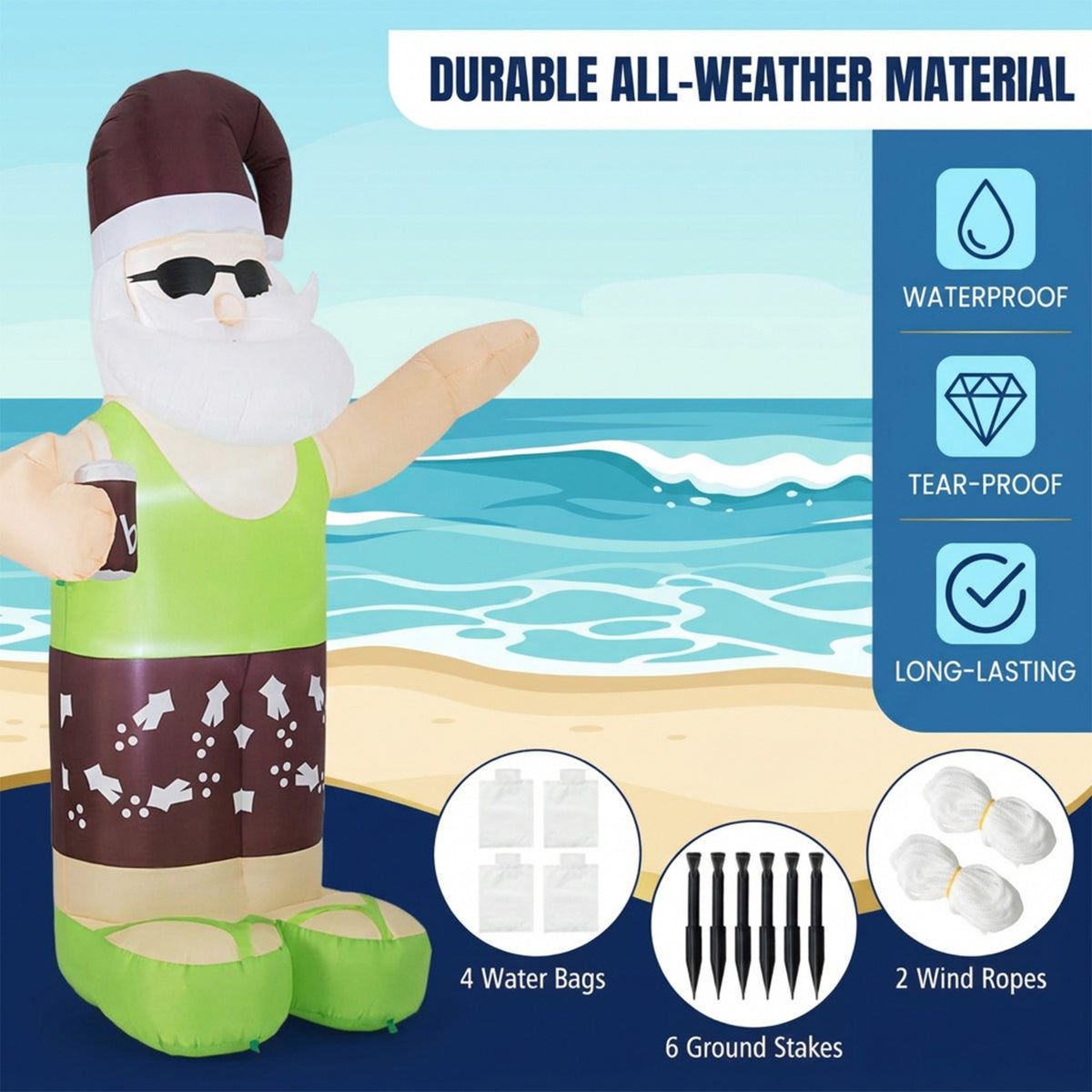 Inflatable Tropical Santa on Beach 250cm Christmas Decor Built-in LED Outdoor