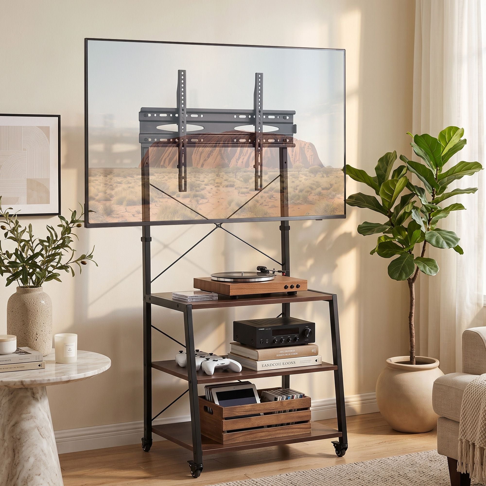 Artiss Mobile TV Stand 32-65 Inch Mount 3 MDF Shelves Lockable Wheels Walnut