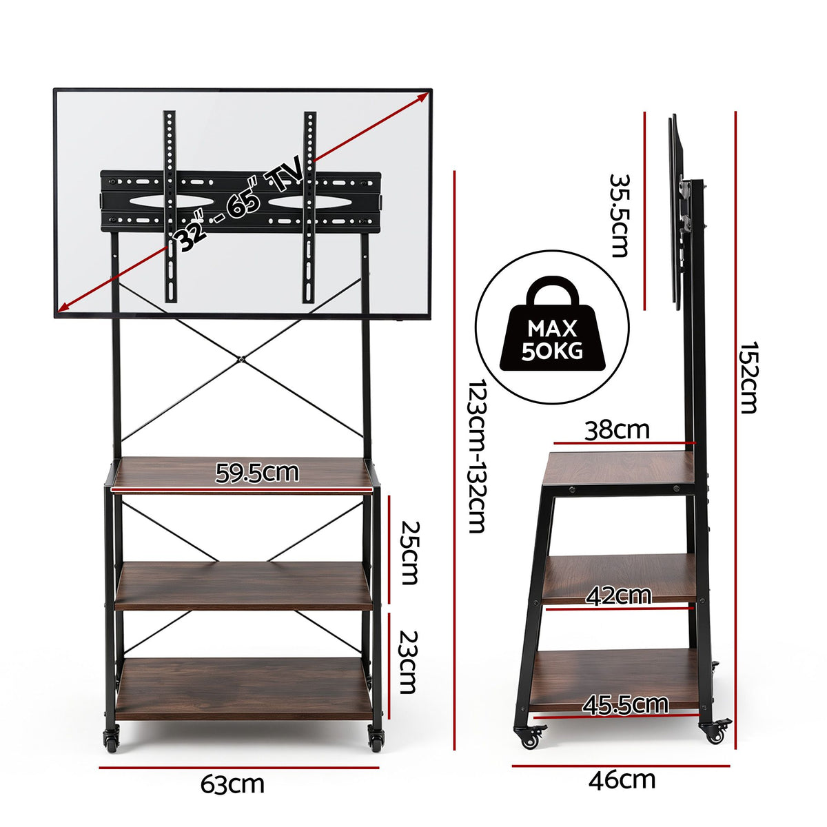 Artiss Mobile TV Stand 32-65 Inch Mount 3 MDF Shelves Lockable Wheels Walnut