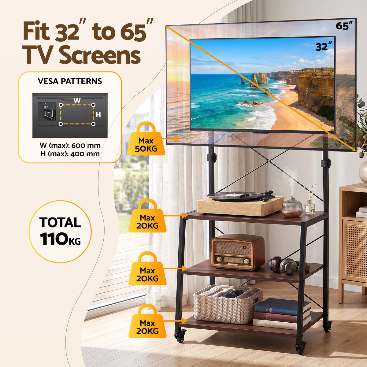 Artiss Mobile TV Stand 32-65 Inch Mount 3 MDF Shelves Lockable Wheels Walnut