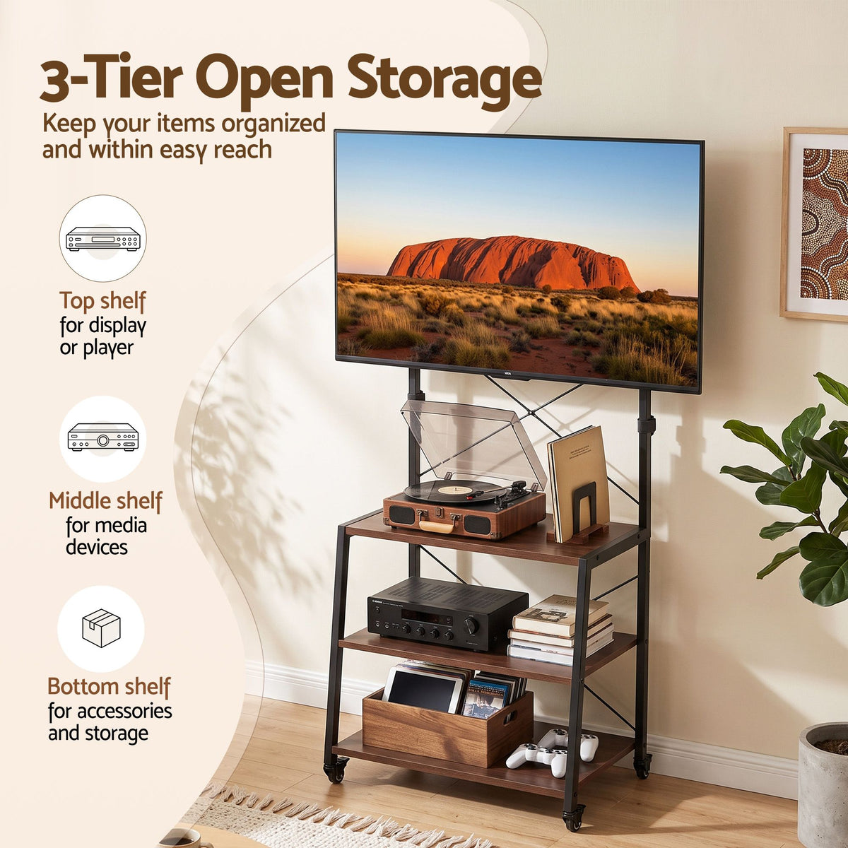 Artiss Mobile TV Stand 32-65 Inch Mount 3 MDF Shelves Lockable Wheels Walnut