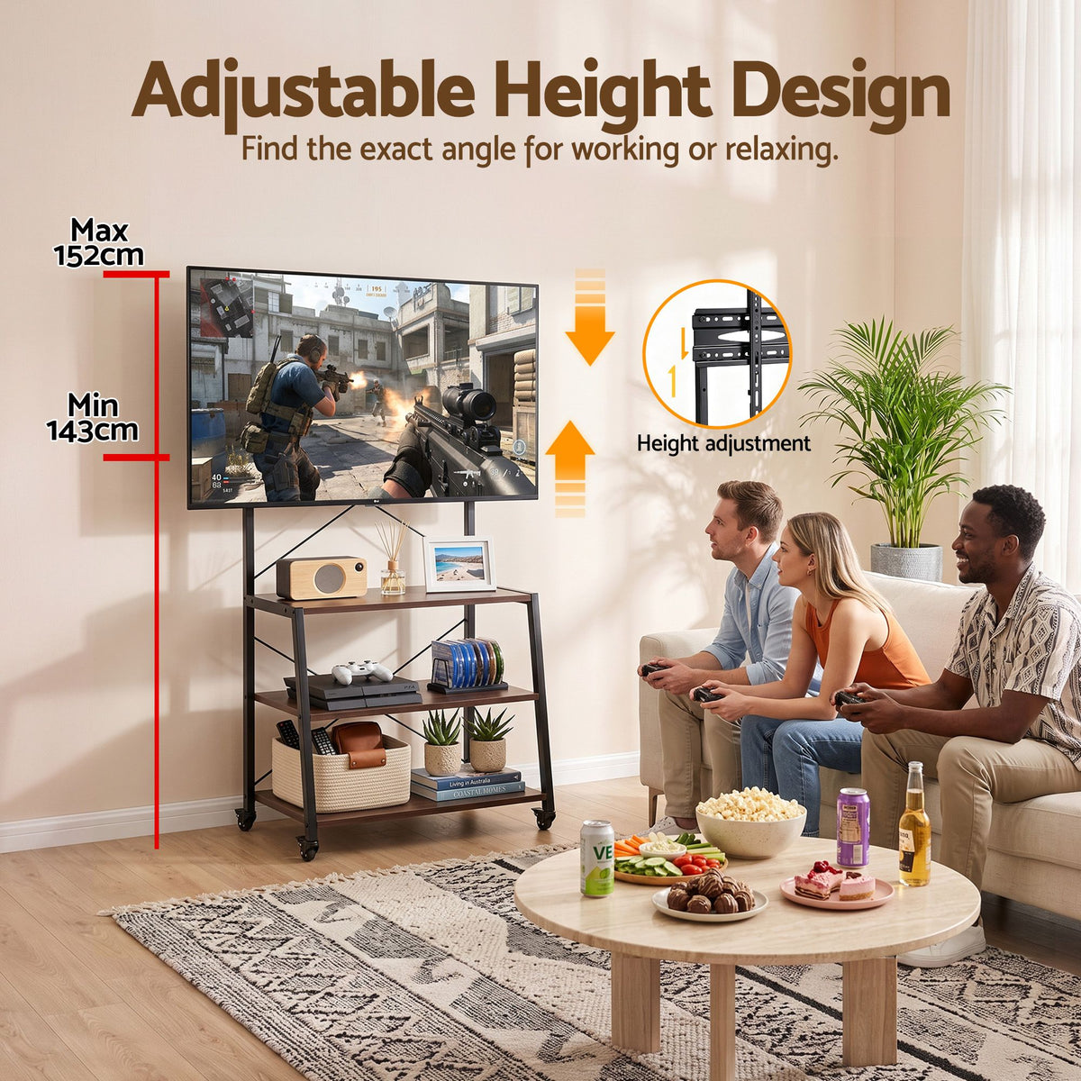 Artiss Mobile TV Stand 32-65 Inch Mount 3 MDF Shelves Lockable Wheels Walnut