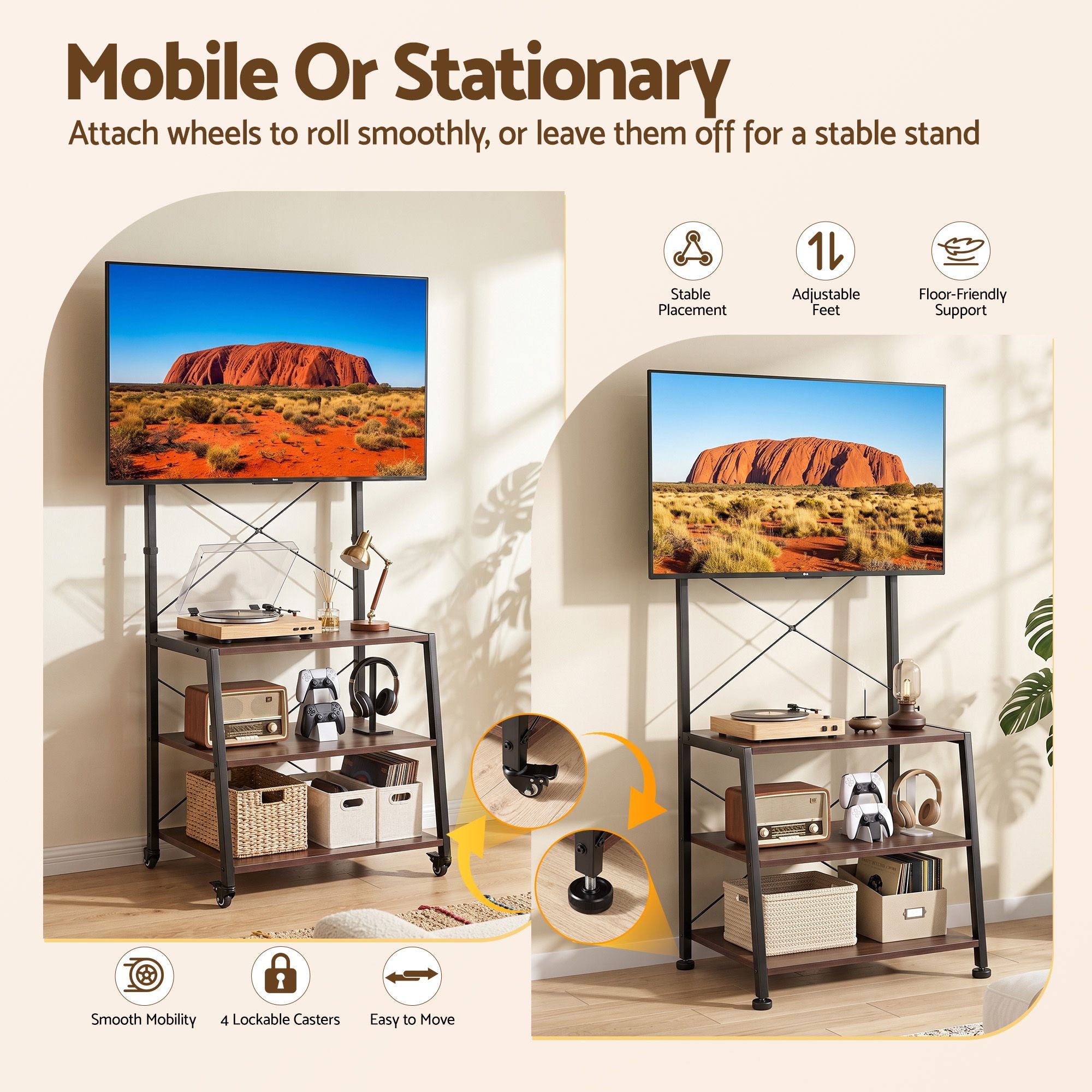 Artiss Mobile TV Stand 32-65 Inch Mount 3 MDF Shelves Lockable Wheels Walnut