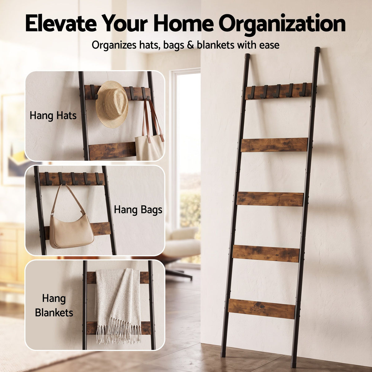Devanti 5-Tier Blanket Ladder with Anti-Tip Kit, Towel Rack for Bathroom, Quilt Rack with 5 Hooks for Clothes and Bags, Black Metal and Rustic Wood Leaning Ladder Shelf, 44x160cm