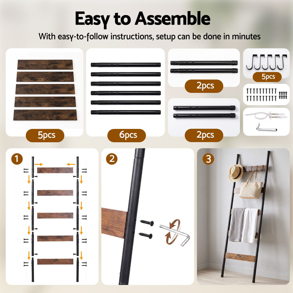 Devanti 5-Tier Blanket Ladder with Anti-Tip Kit, Towel Rack for Bathroom, Quilt Rack with 5 Hooks for Clothes and Bags, Black Metal and Rustic Wood Leaning Ladder Shelf, 44x160cm