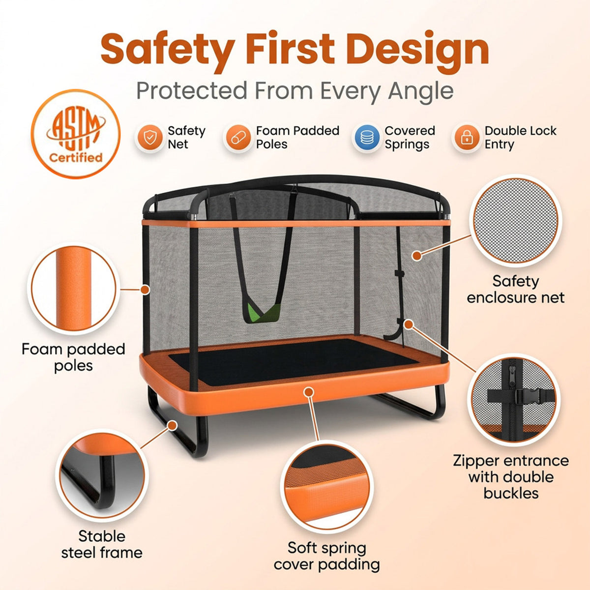 Sturdy Recreational Trampoline with Swing for Kids Outdoor Play Toy Fun