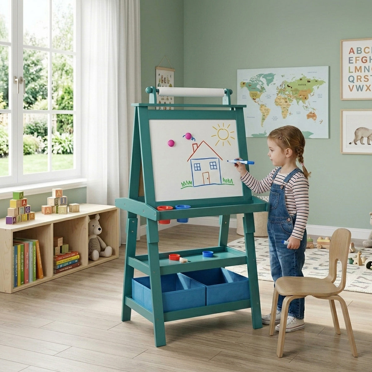 Children's Double Sided Easel with Whiteboard and Chalkboard Toy Art Set