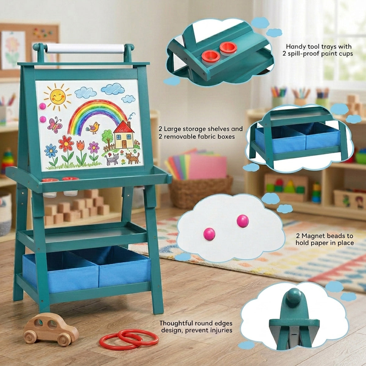 Children's Double Sided Easel with Whiteboard and Chalkboard Toy Art Set