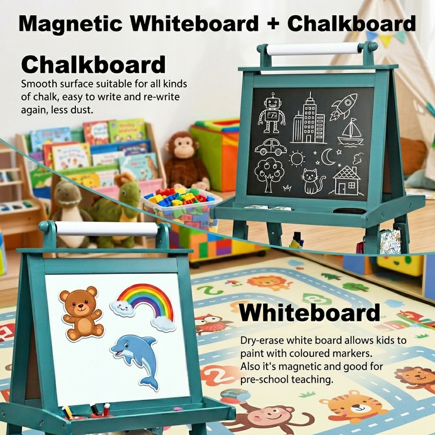 Children's Double Sided Easel with Whiteboard and Chalkboard Toy Art Set