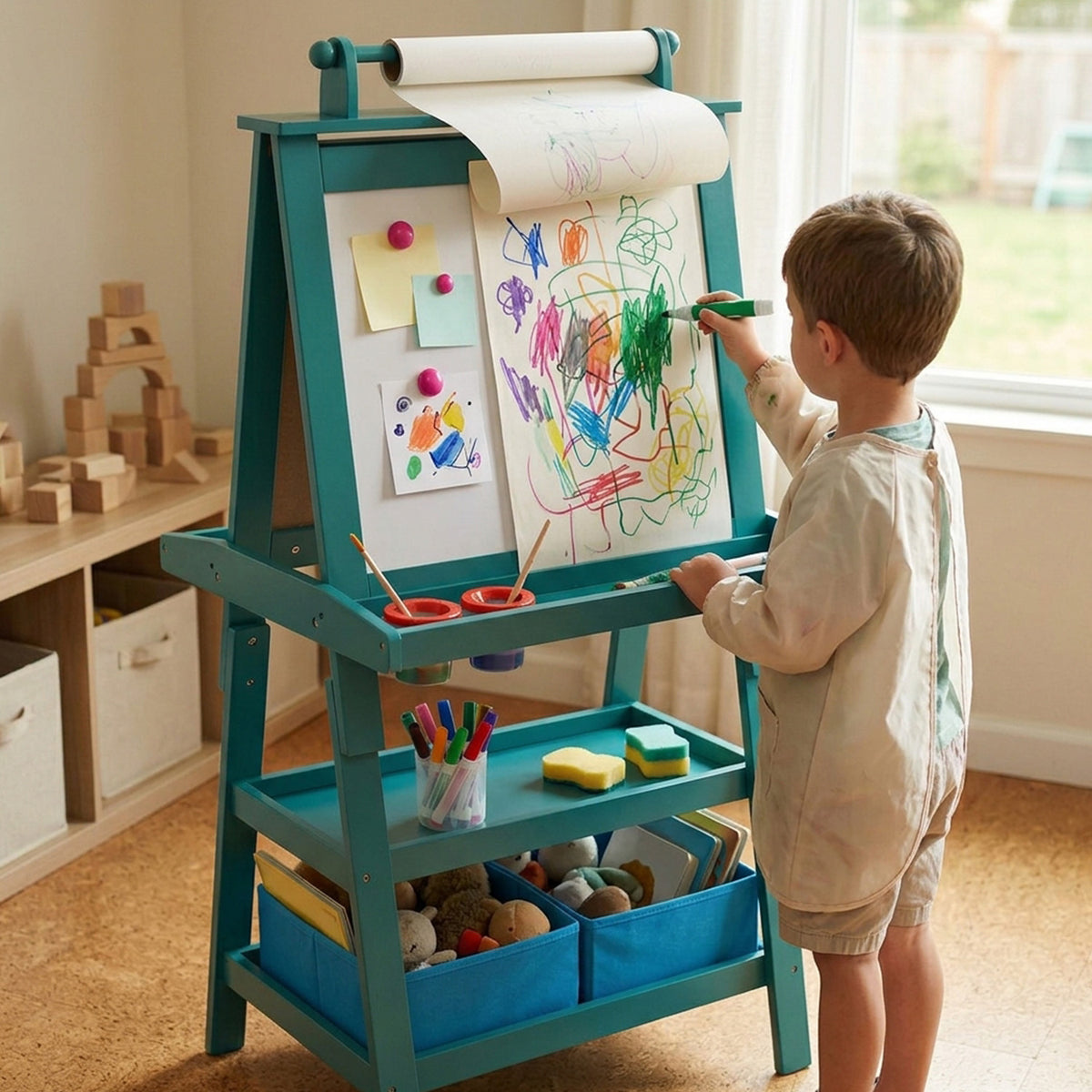 Children's Double Sided Easel with Whiteboard and Chalkboard Toy Art Set