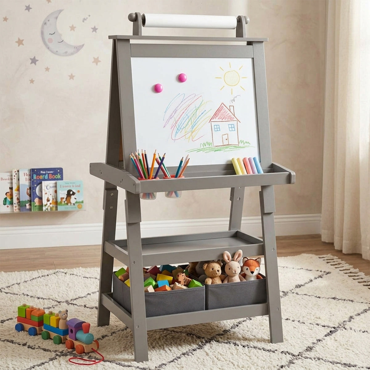 Children's Double Sided Easel with Whiteboard and Chalkboard Toy Art Set