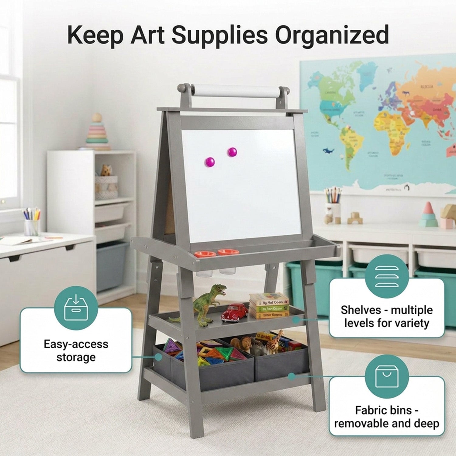 Children's Double Sided Easel with Whiteboard and Chalkboard Toy Art Set