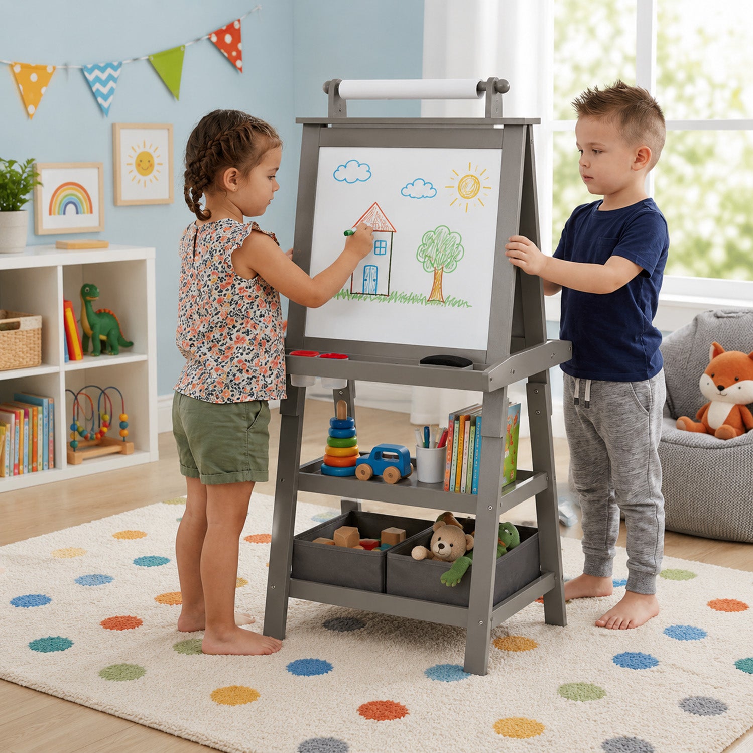 Children's Double Sided Easel with Whiteboard and Chalkboard Toy Art Set