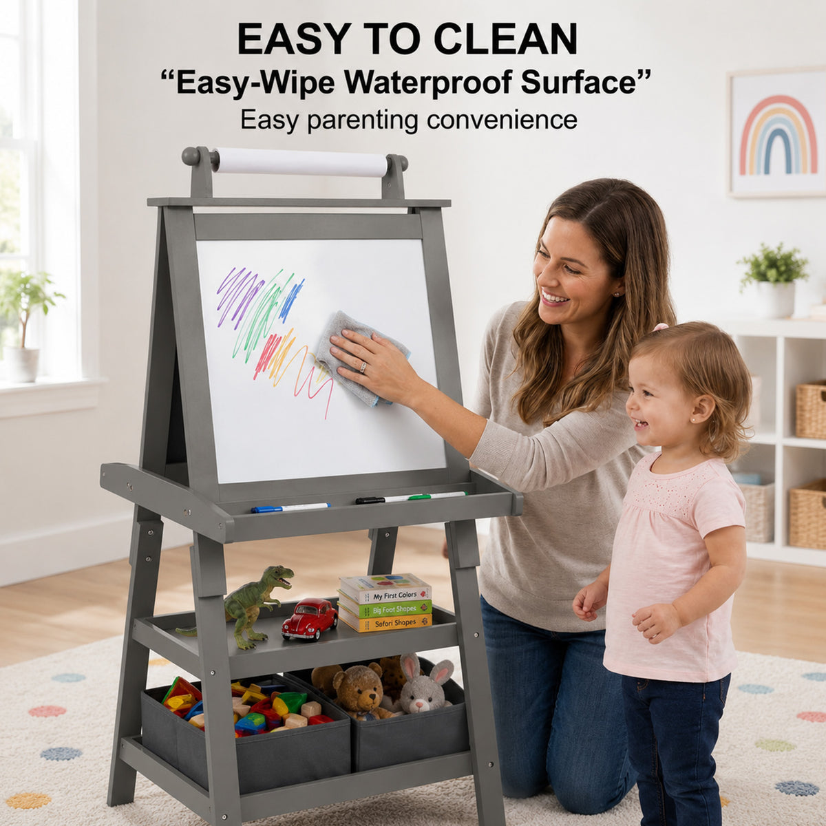 Children's Double Sided Easel with Whiteboard and Chalkboard Toy Art Set