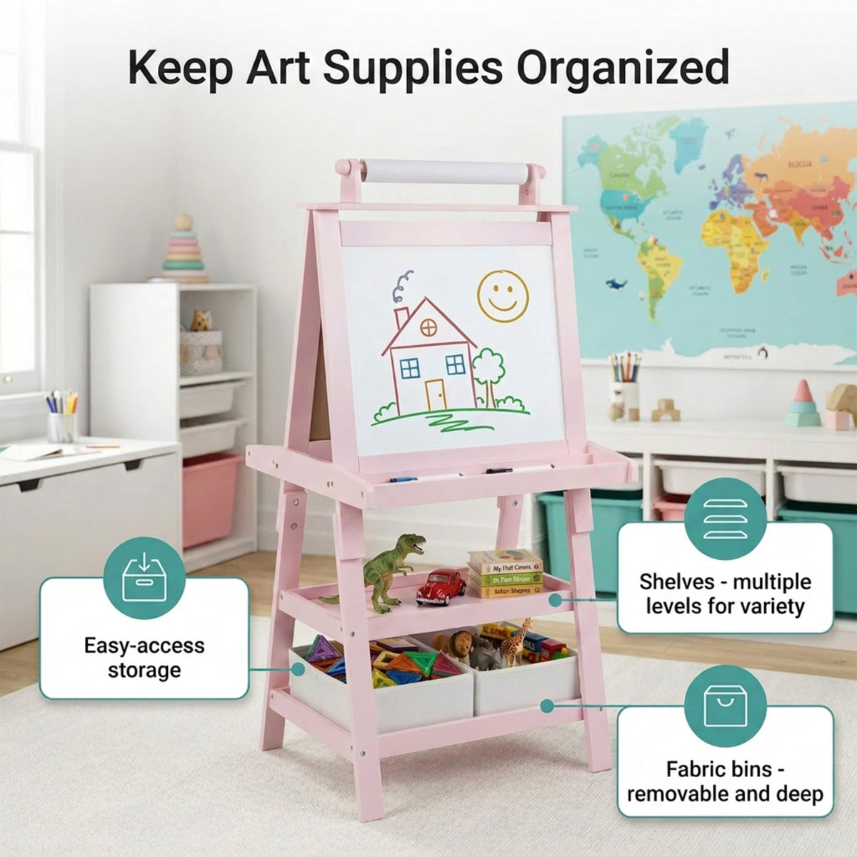 Children's Double Sided Easel with Whiteboard and Chalkboard Toy Art Set
