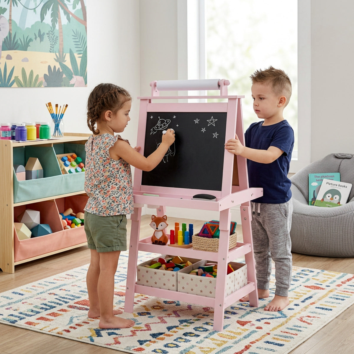 Children's Double Sided Easel with Whiteboard and Chalkboard Toy Art Set