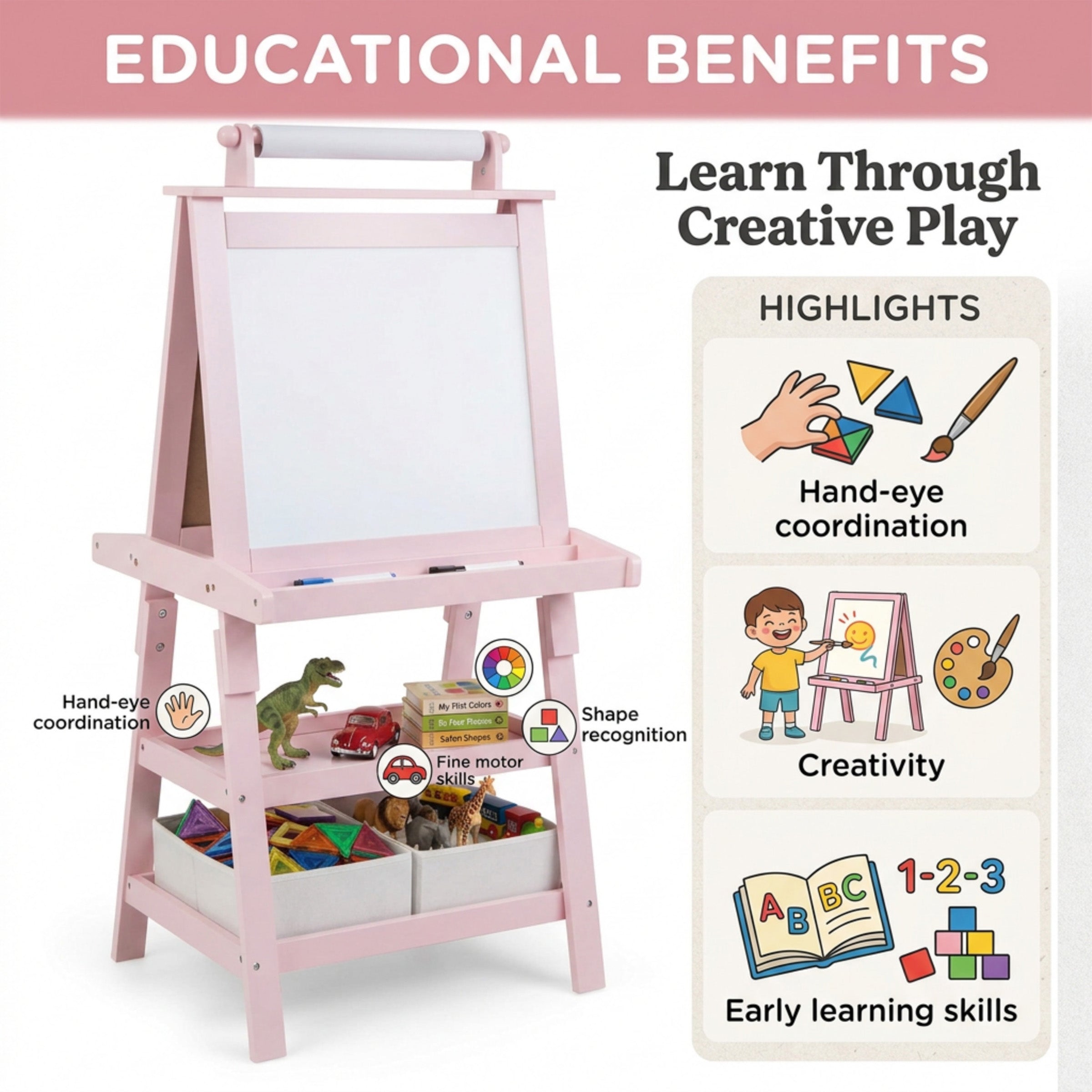 Children's Double Sided Easel with Whiteboard and Chalkboard Toy Art Set