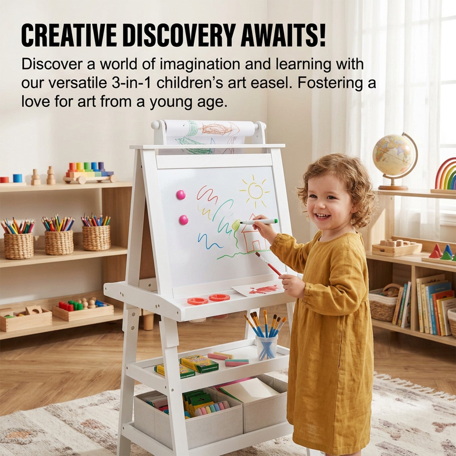 Children's Double Sided Easel with Whiteboard and Chalkboard Toy Art Set