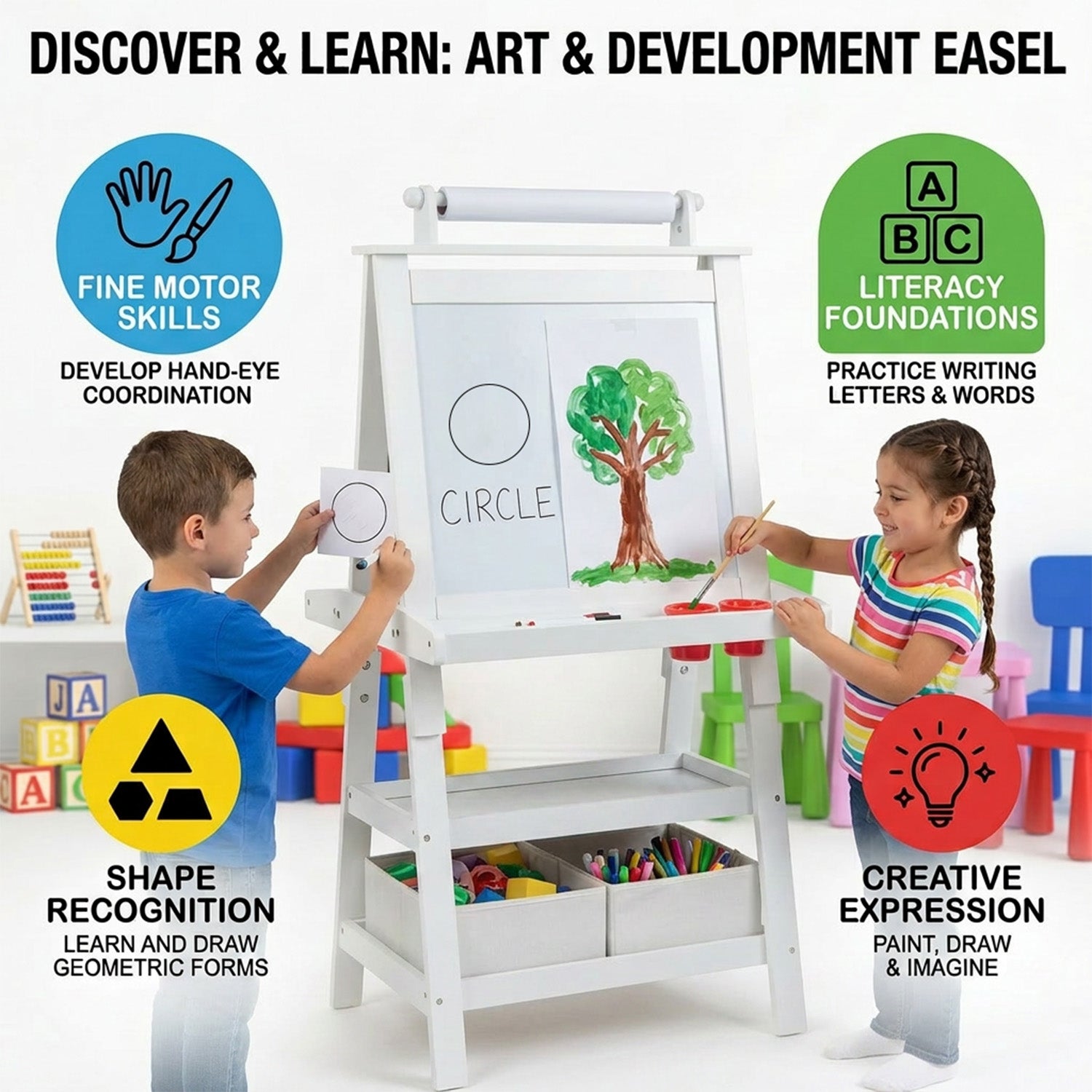 Children's Double Sided Easel with Whiteboard and Chalkboard Toy Art Set