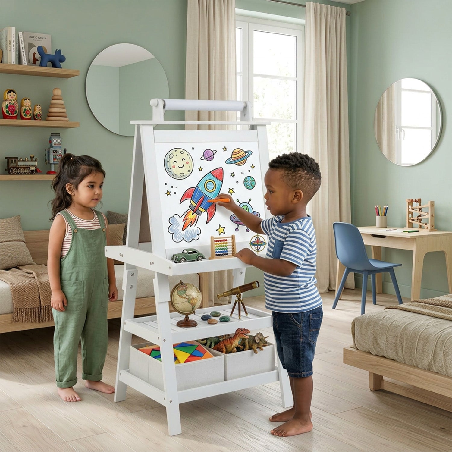 Children's Double Sided Easel with Whiteboard and Chalkboard Toy Art Set