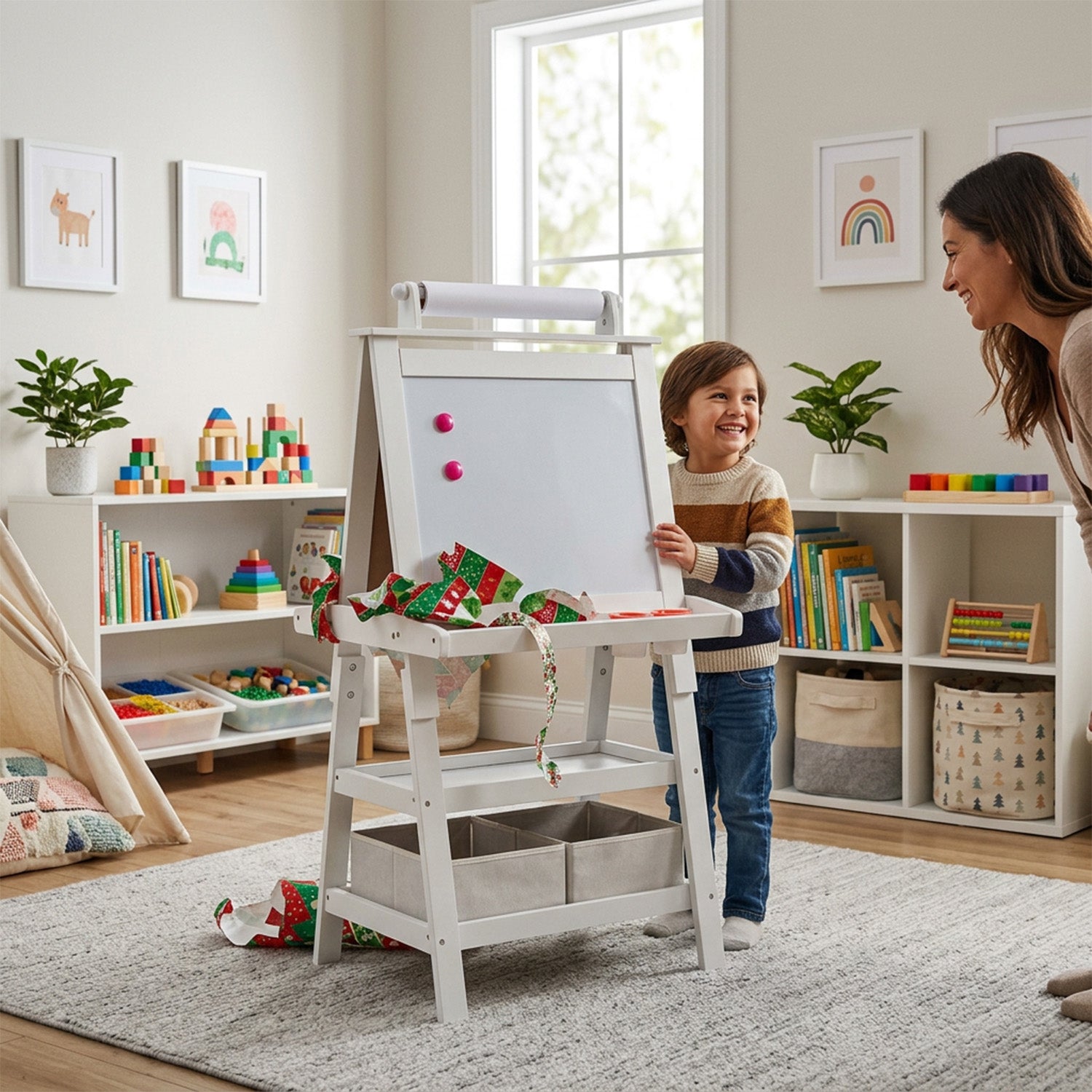 Children's Double Sided Easel with Whiteboard and Chalkboard Toy Art Set