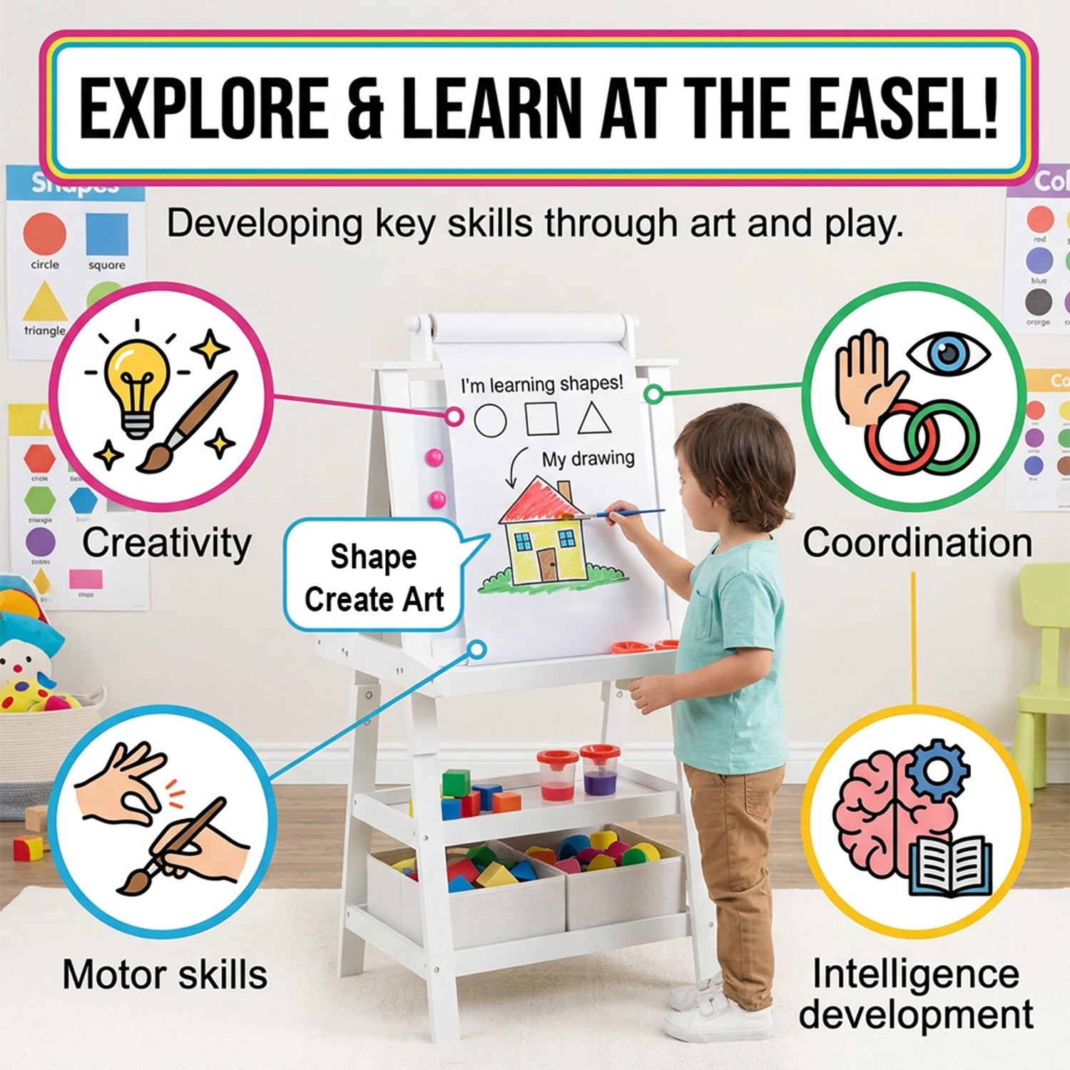 Children's Double Sided Easel with Whiteboard and Chalkboard Toy Art Set