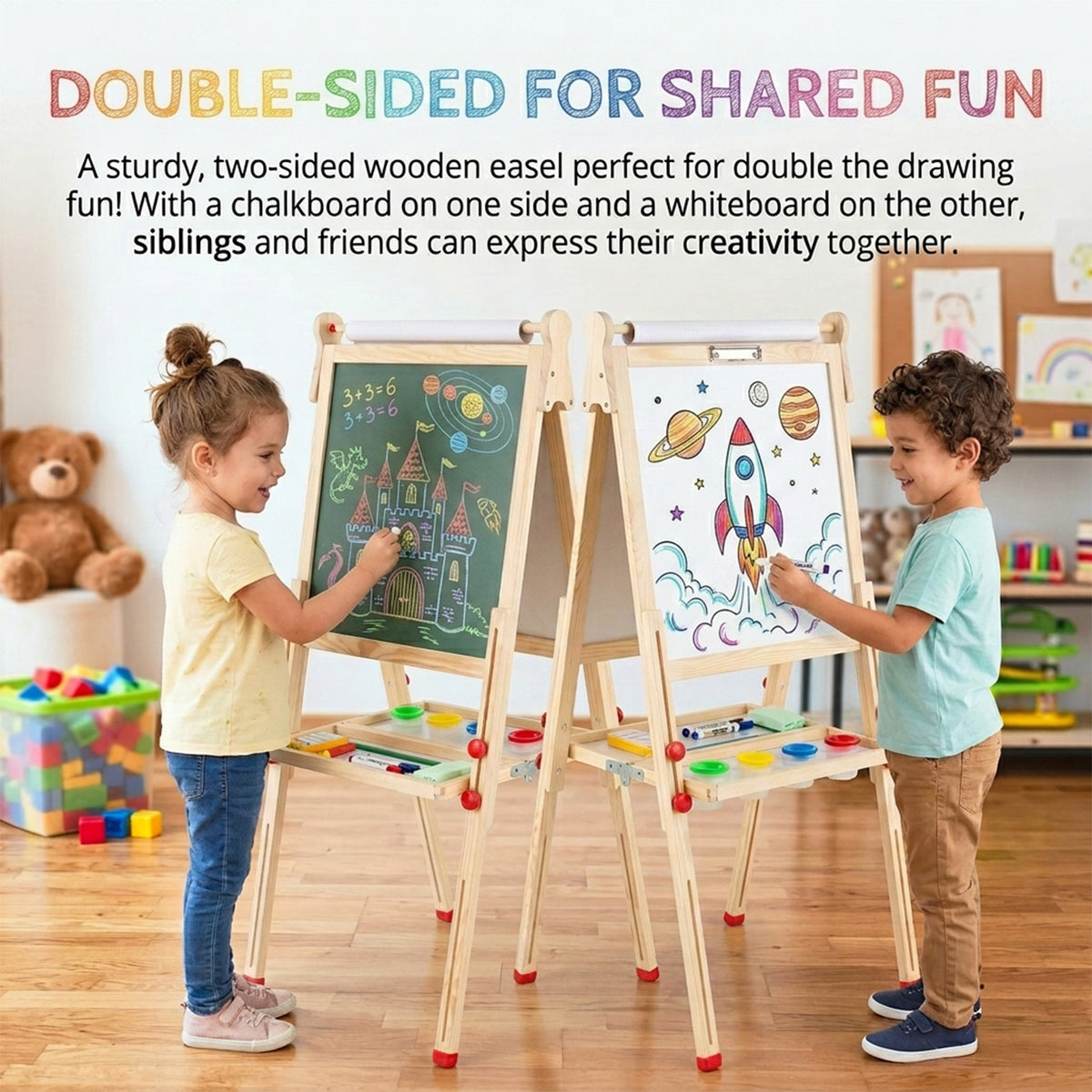 Art Easel with Paper Roll and Double Sided Adjustable Drawing Board for Kids