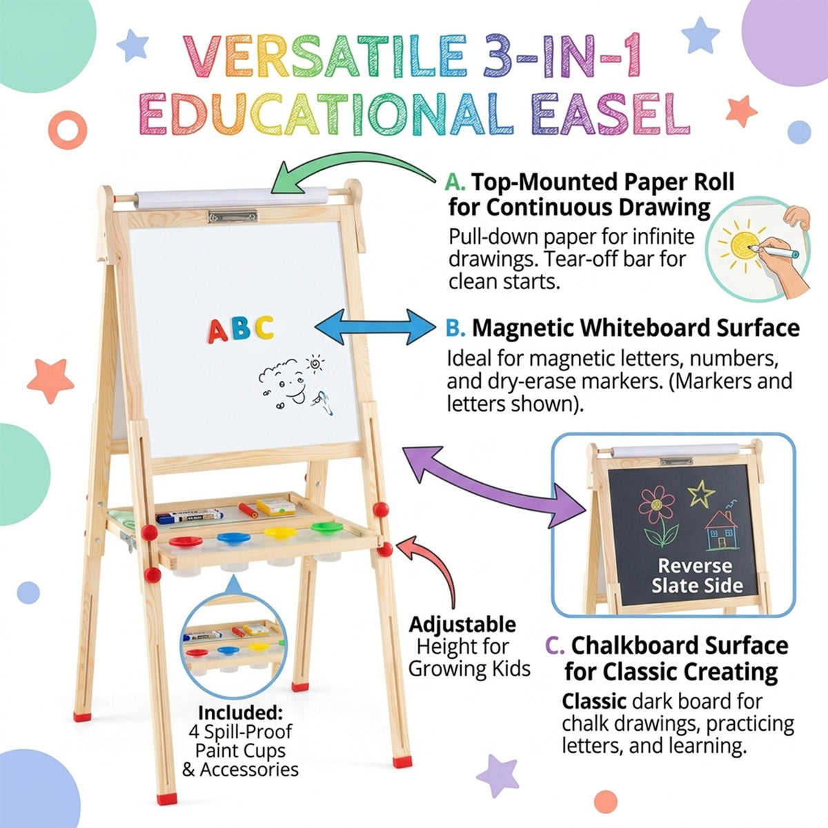 Art Easel with Paper Roll and Double Sided Adjustable Drawing Board for Kids