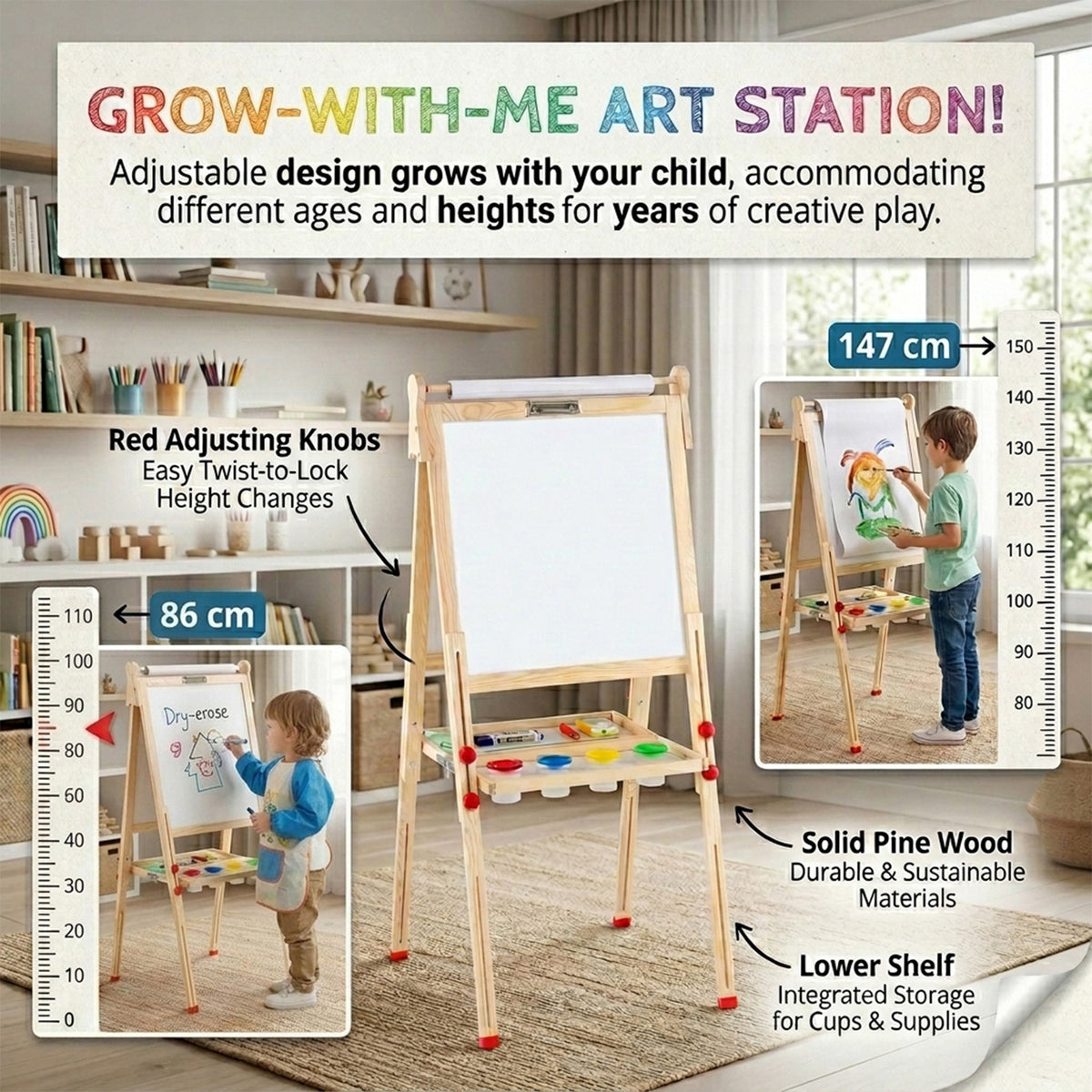 Art Easel with Paper Roll and Double Sided Adjustable Drawing Board for Kids