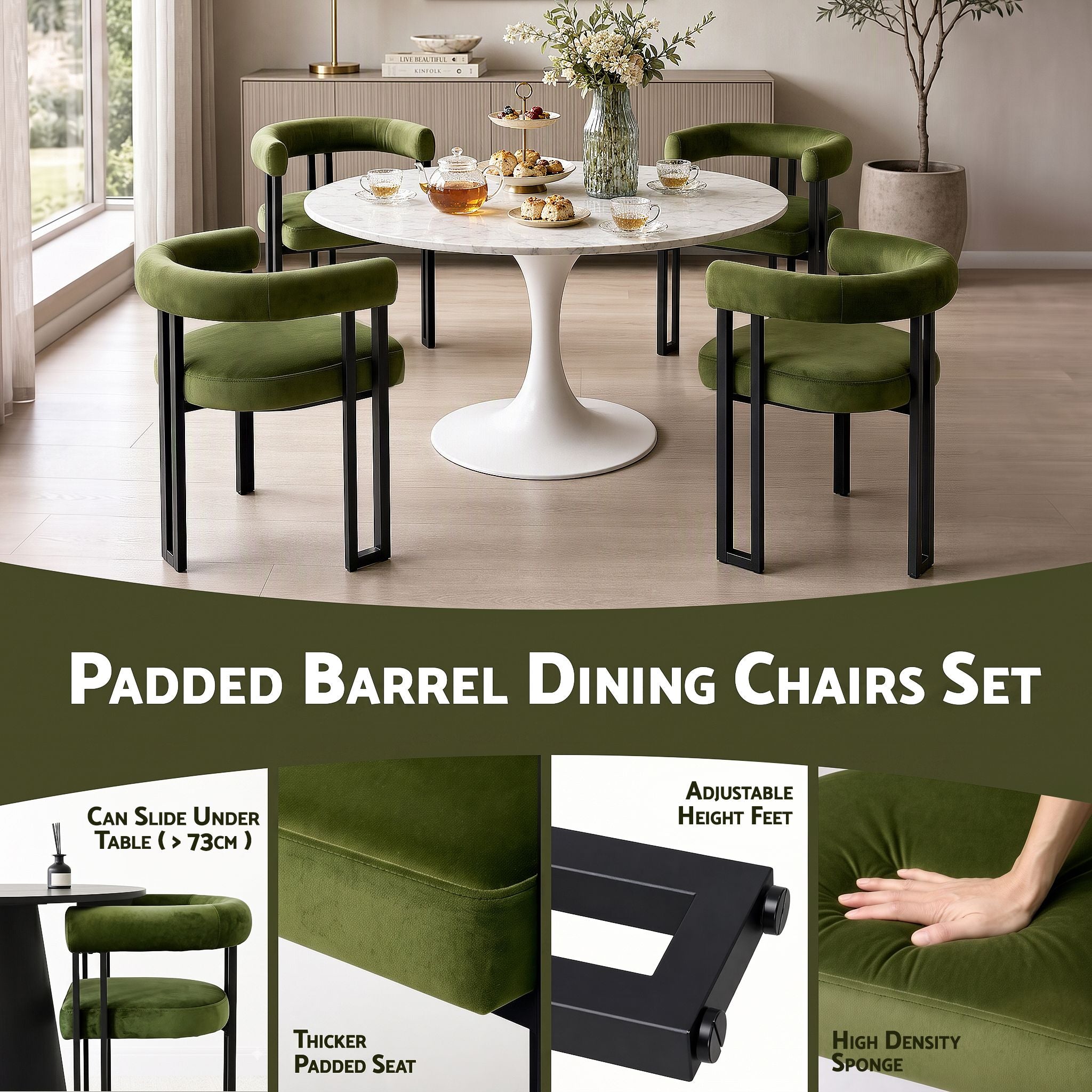 Artiss Chairs Set of 4 Velvet Upholstered Barrel Curved Armrests & Back Green