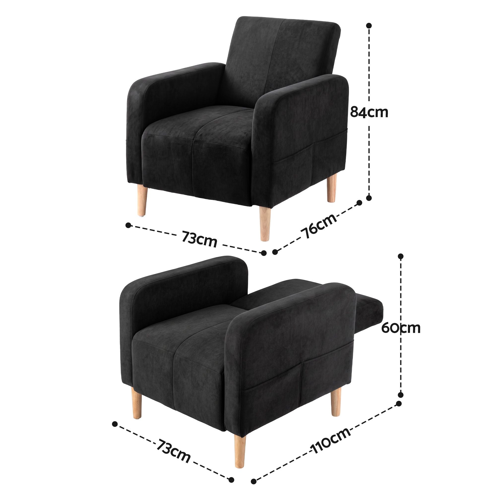 Artiss Reclining Armchair Velvet Sofa Bed Daybed Chair Single Chair Black